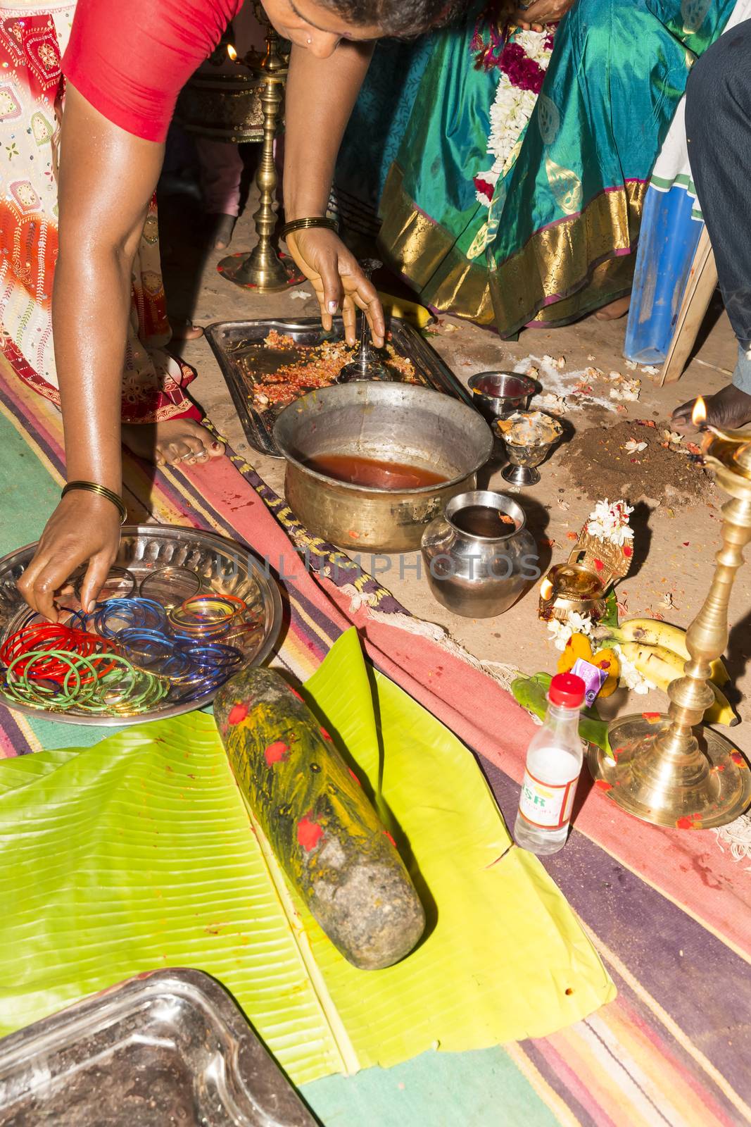 Pondicherry, Tamil Nadu, India - May 11, 2014 : Once month before birth of the baby, families celebrate the soon birth, with village people, offerings, ceremony, gifts