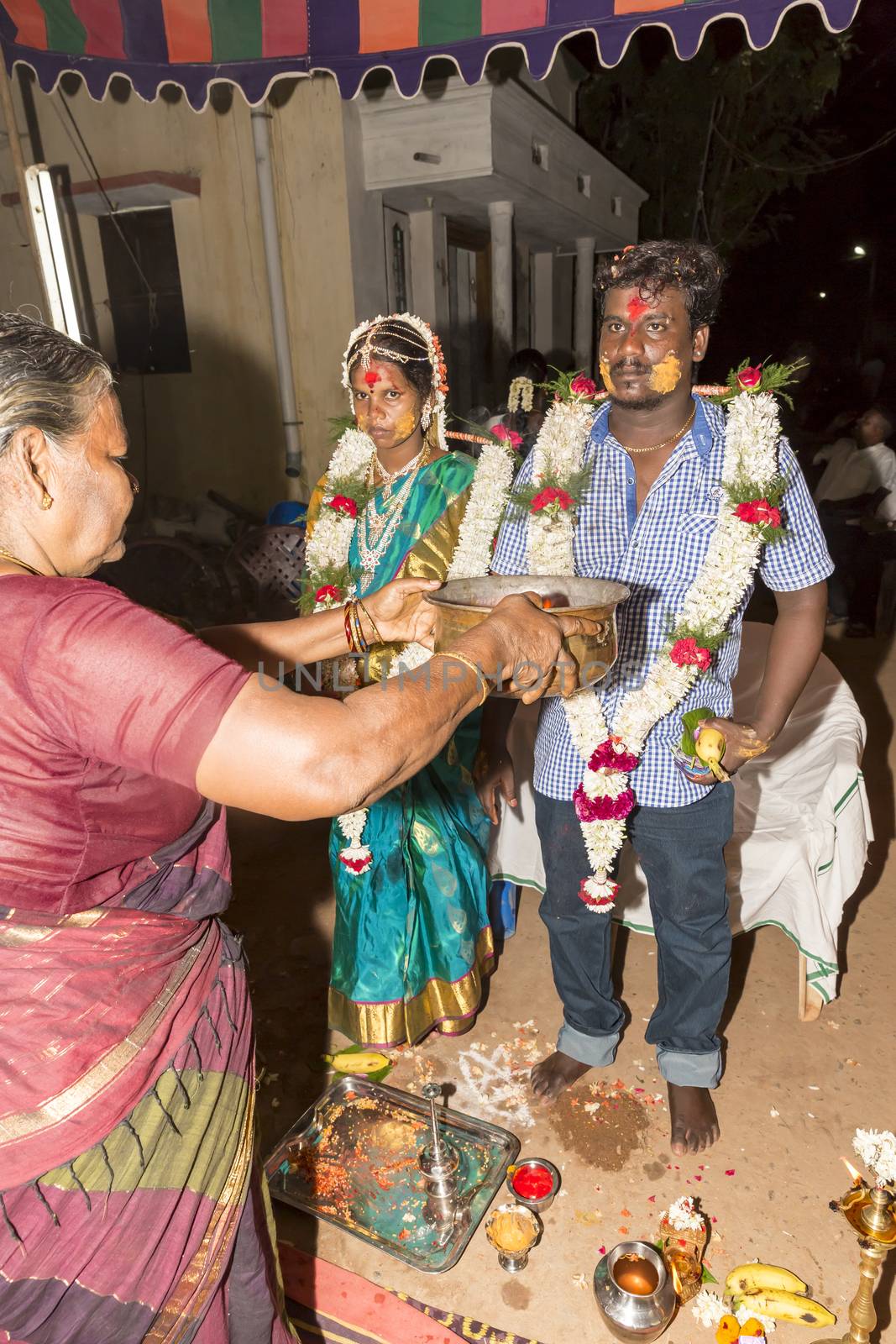 Pondicherry, Tamil Nadu, India - May 11, 2014 : Once month before birth of the baby, families celebrate the soon birth, with village people, offerings, ceremony, gifts