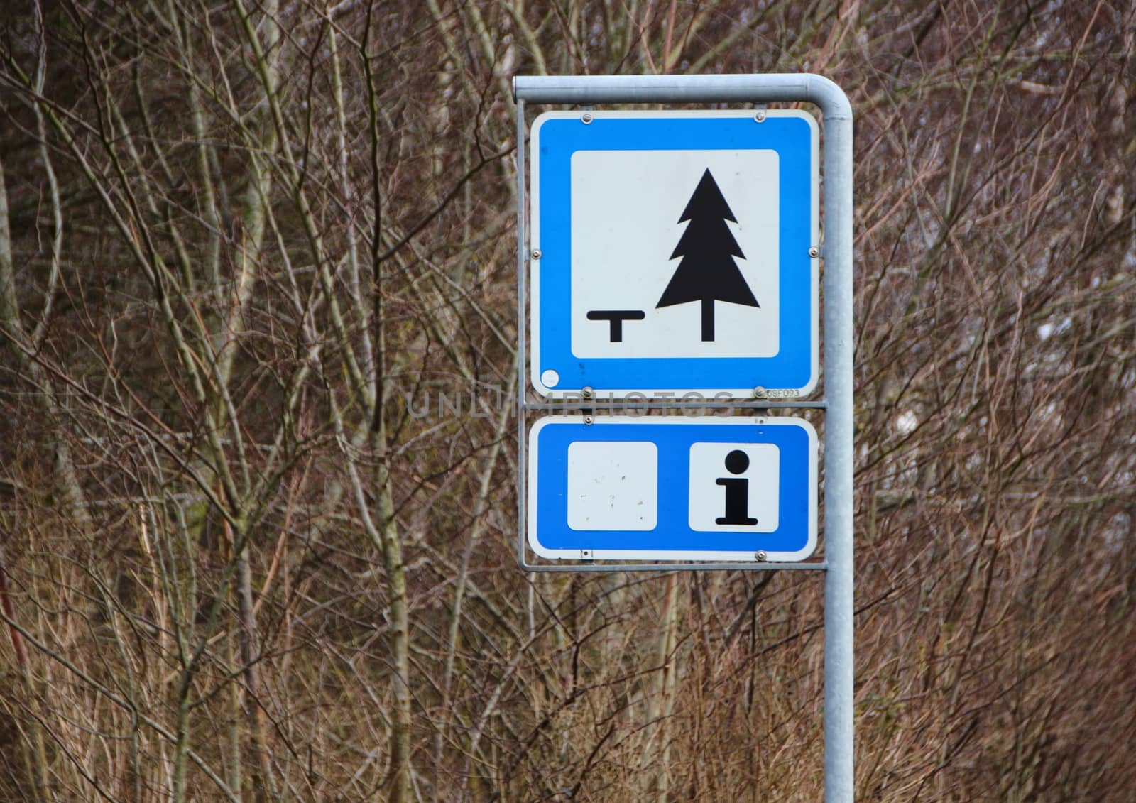 Blue Resting Area Traffic Sign with Tree Icon and Information Icon
