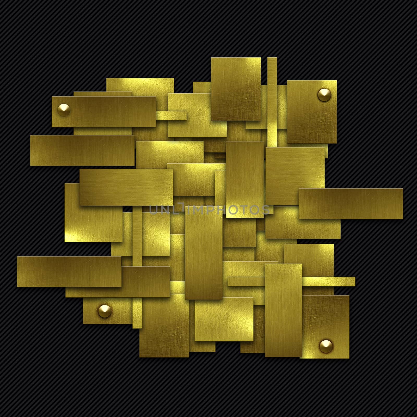 shiny gold fix wall on black carbon fiber. gold background and texture. 3d illustration.