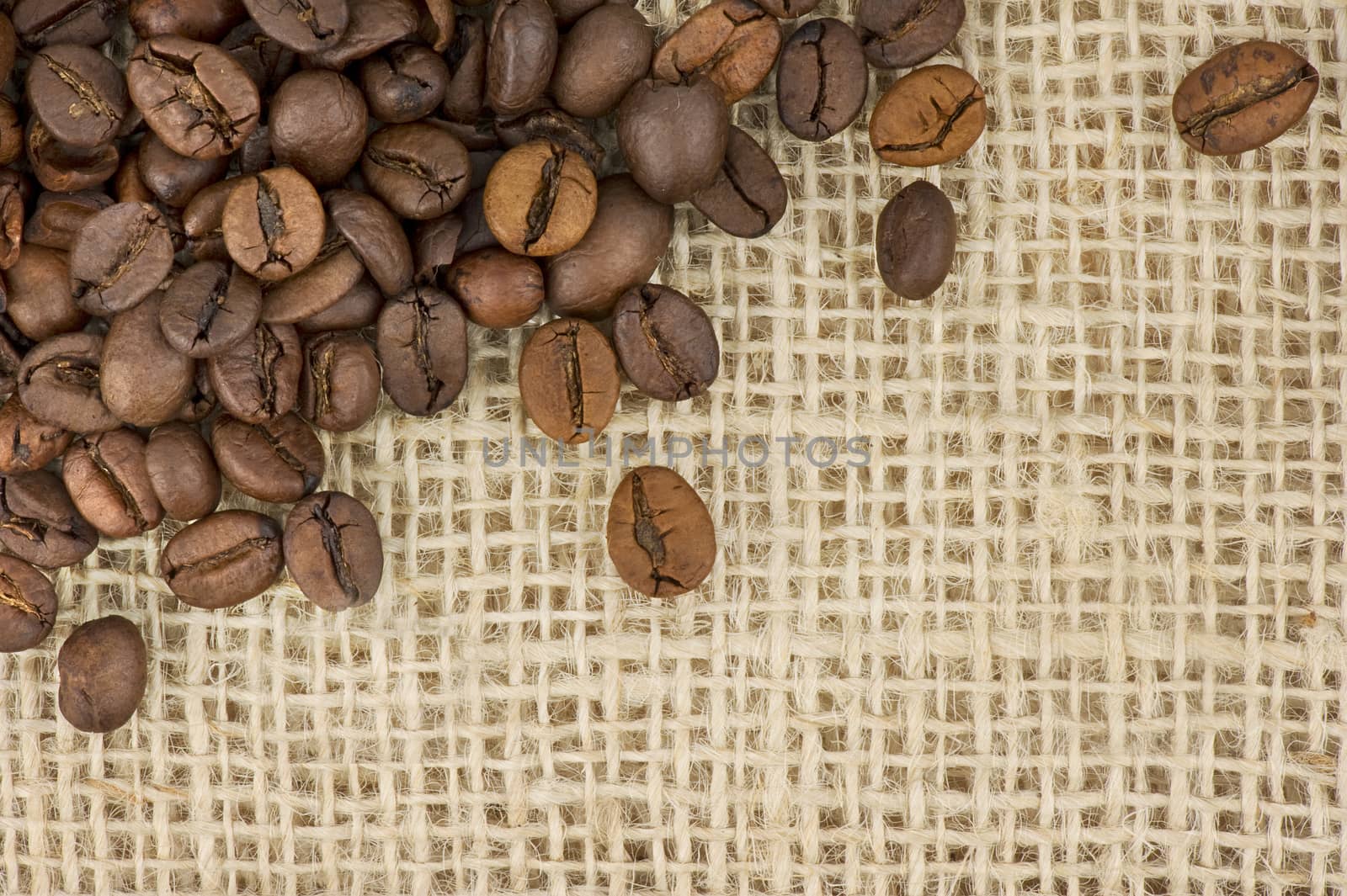 Closeup of coffee beans on begging