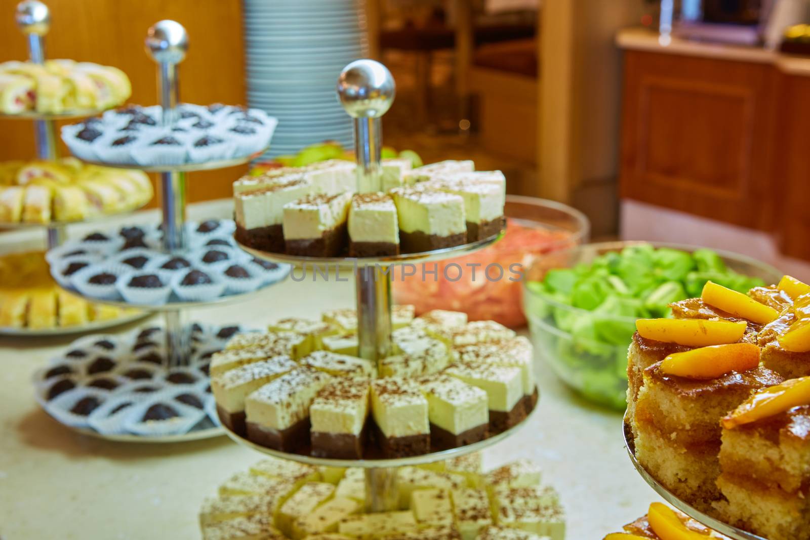Dessert table for a party. akes and sweetness. Shallow dof