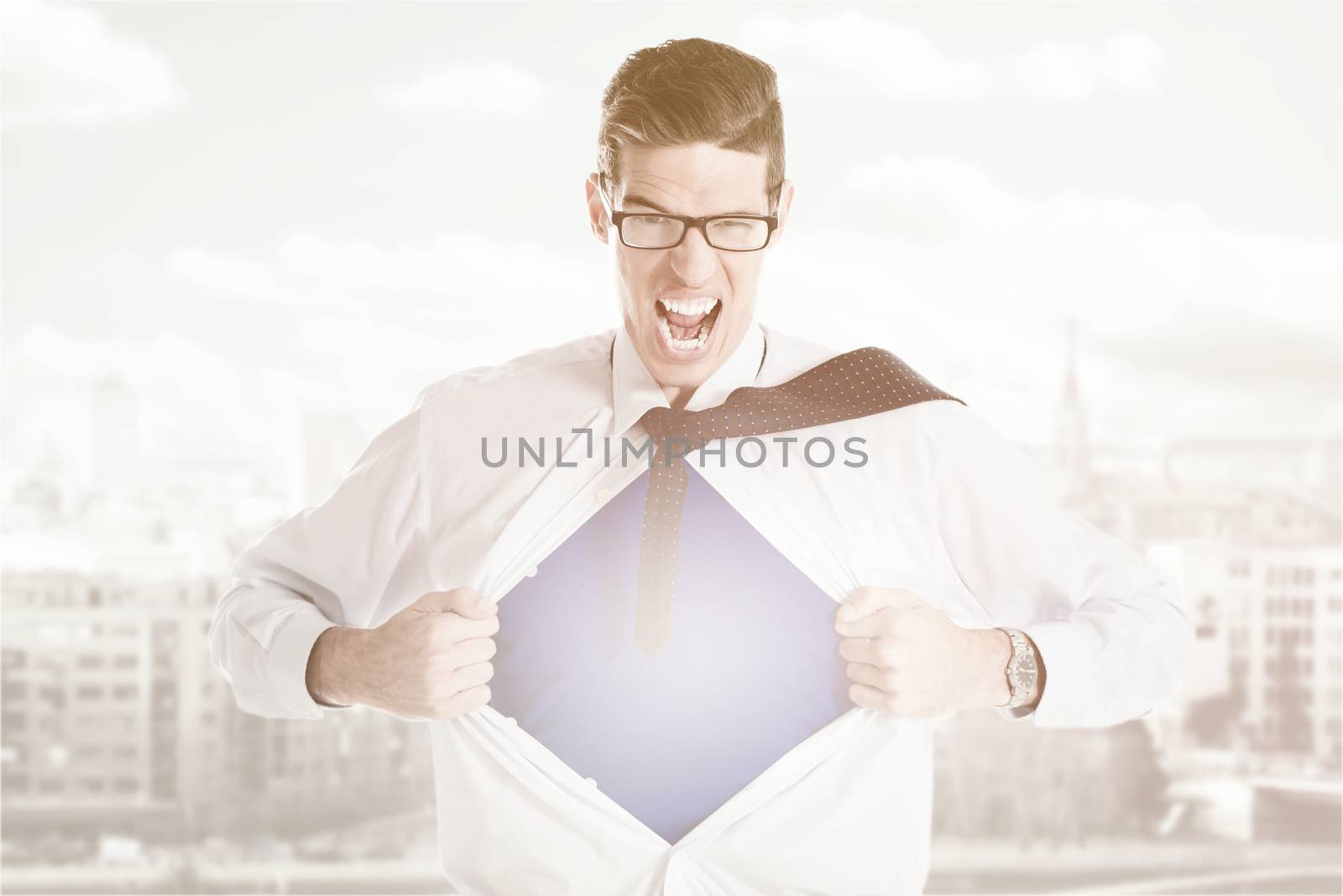 Angry businessman ripping open his shirt and exposing a Superhero red costume underneath. The man is wearing glasses and looking at camera.