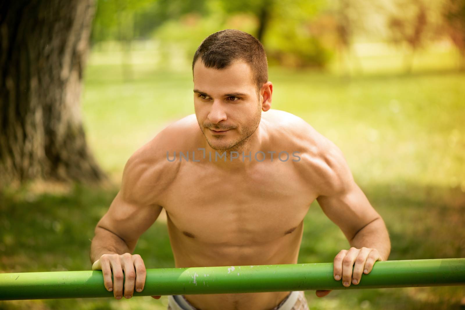 Young muscle Man doing vertical push-ups in the park.