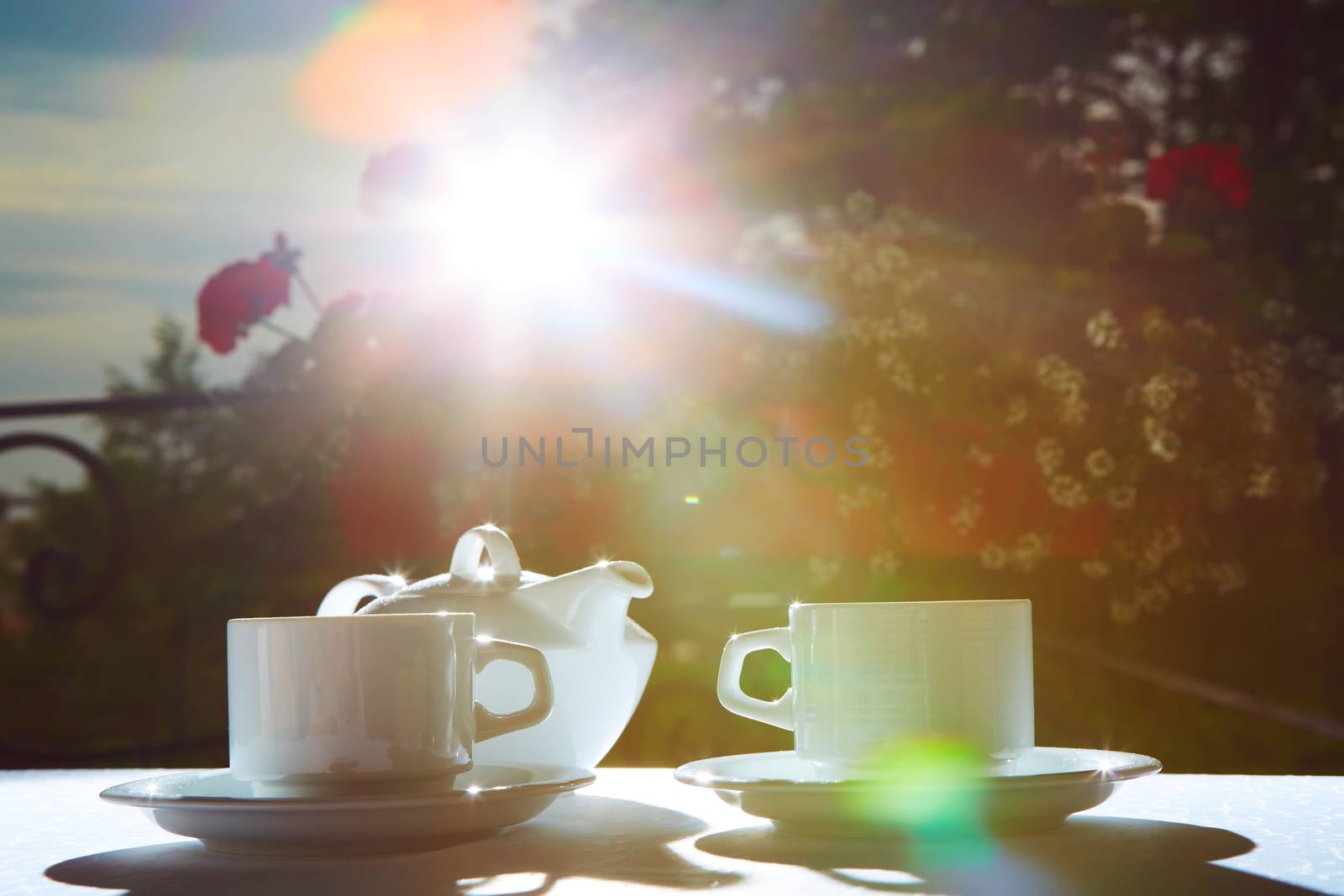 white teapot, two cups and sun. Garden party