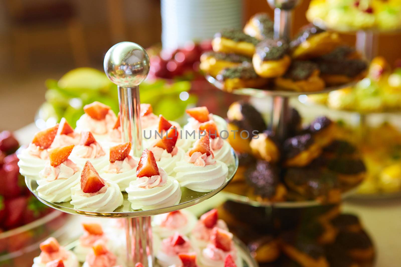 Dessert table for a party. akes and sweetness. Shallow dof