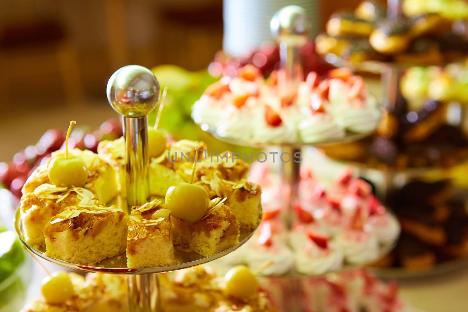 Dessert table for a party. akes and sweetness. Shallow dof