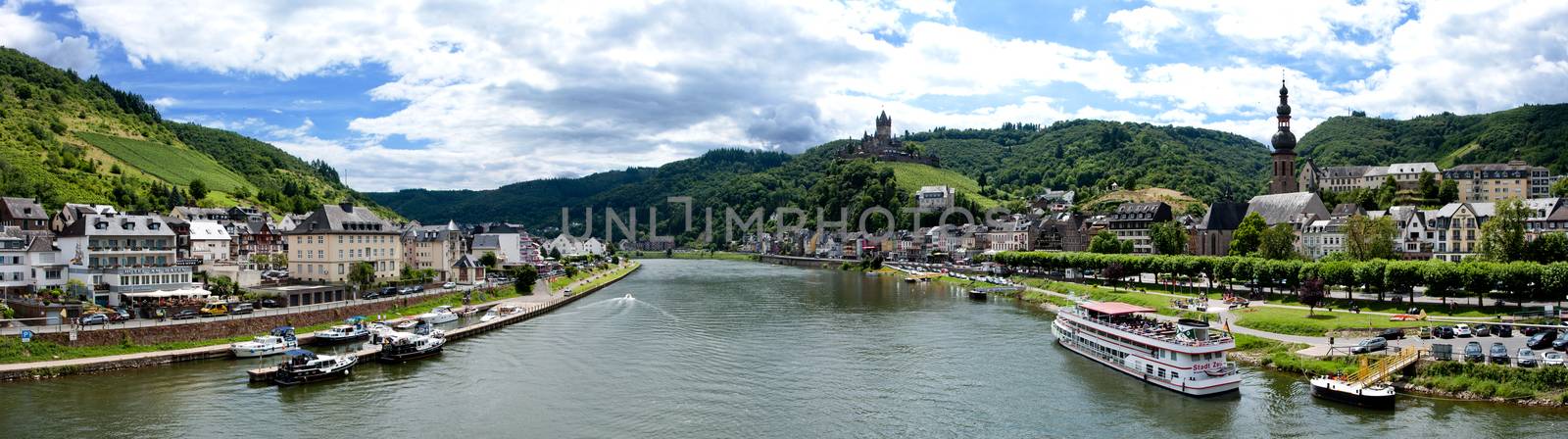 Cochem, Germany - July 17 2016: Panorama of Mosel river and Cochem city in Germany