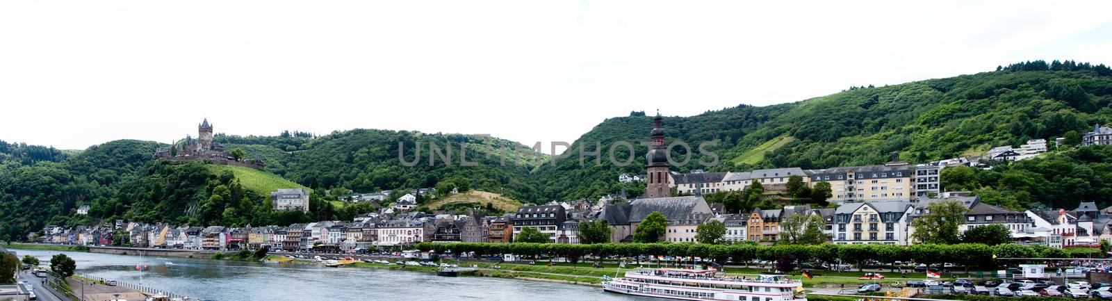 Cochem, Germany - July 17 2016: Panorama of Mosel river and Cochem city in Germany.