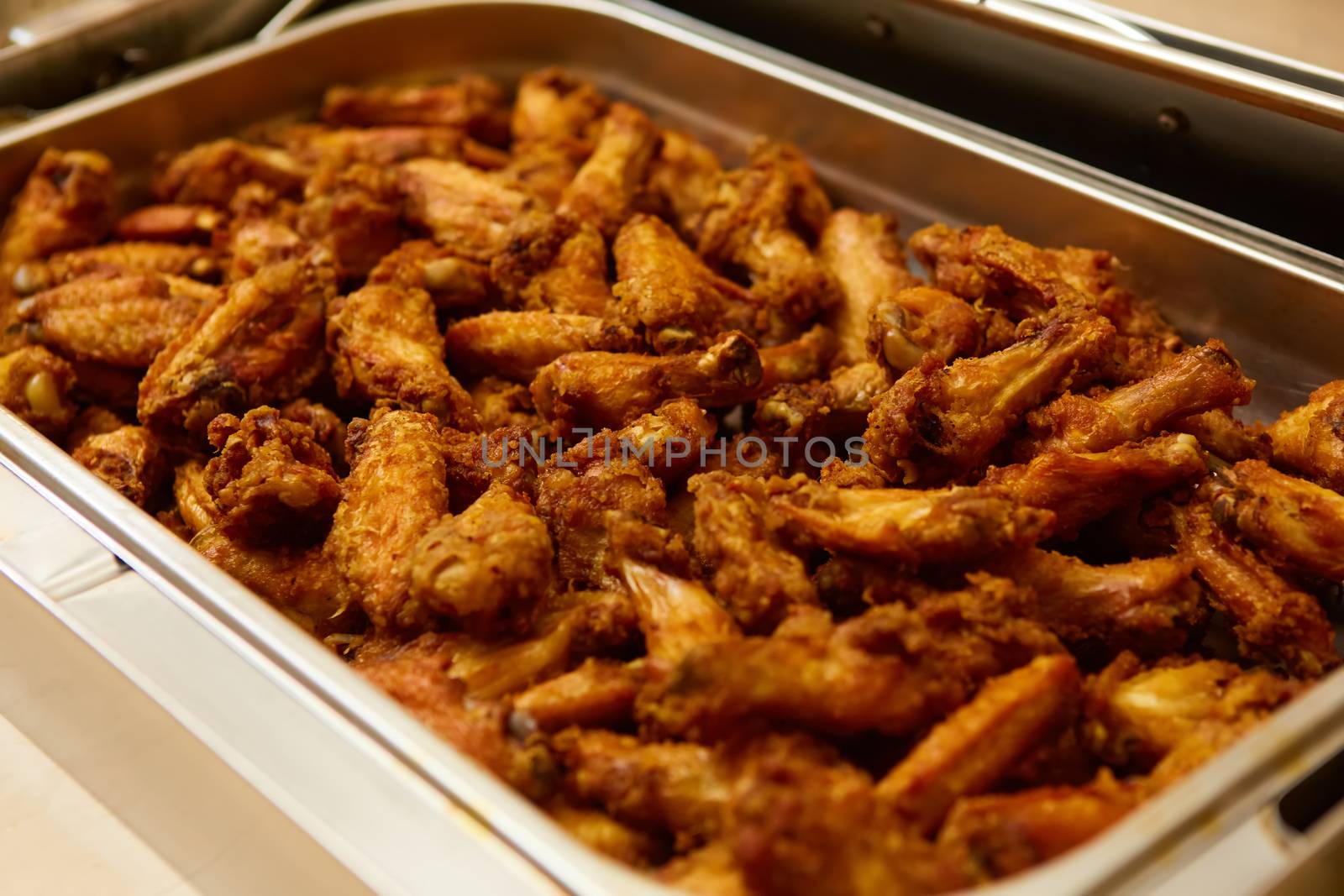 buffet style food in trays. Top view