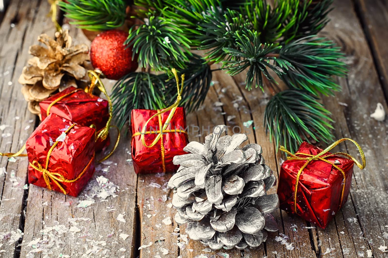 Boxes with Christmas gifts,fir tree and pine cone