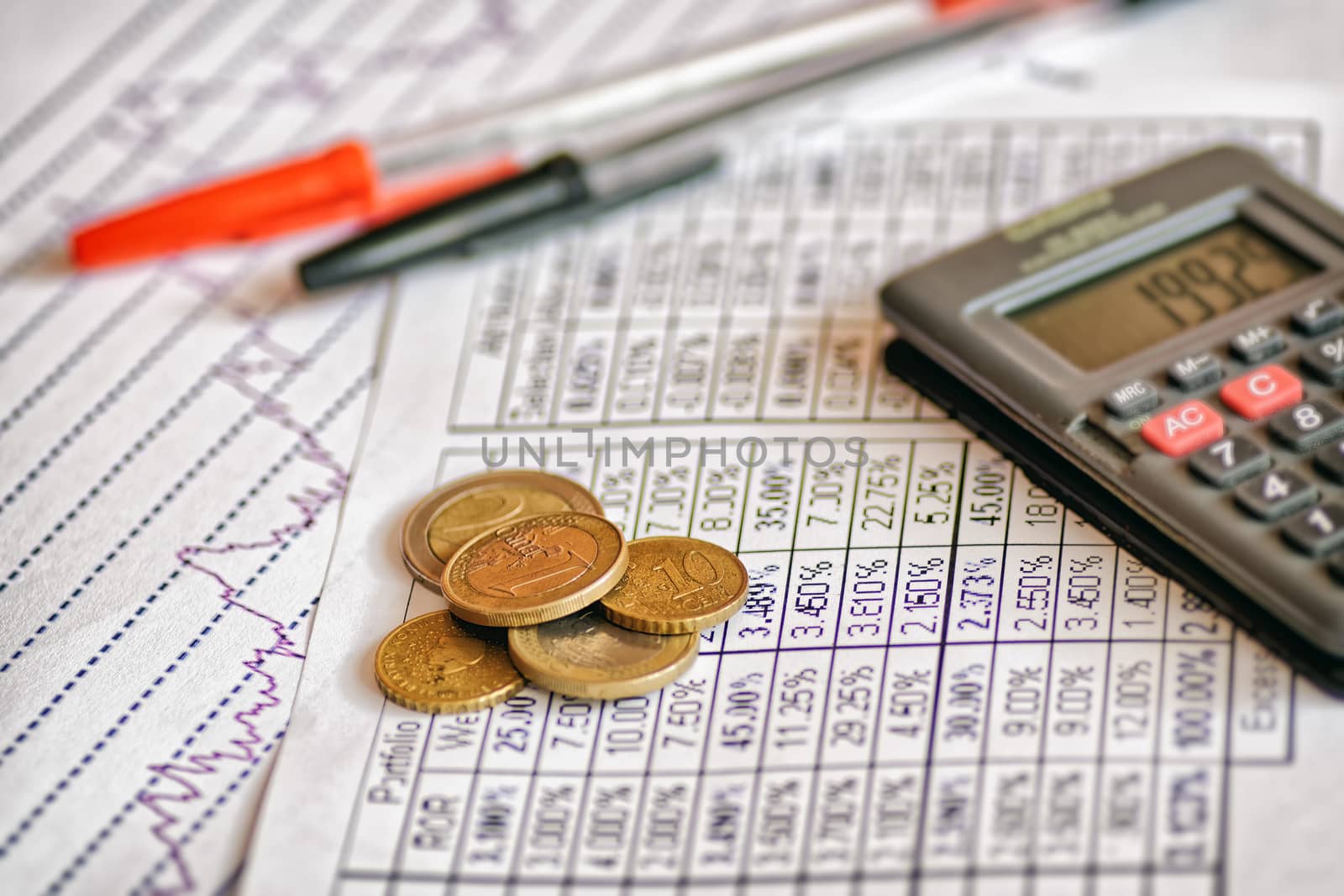finance and statistics, euros, coins, graph, calculator by Bleshka