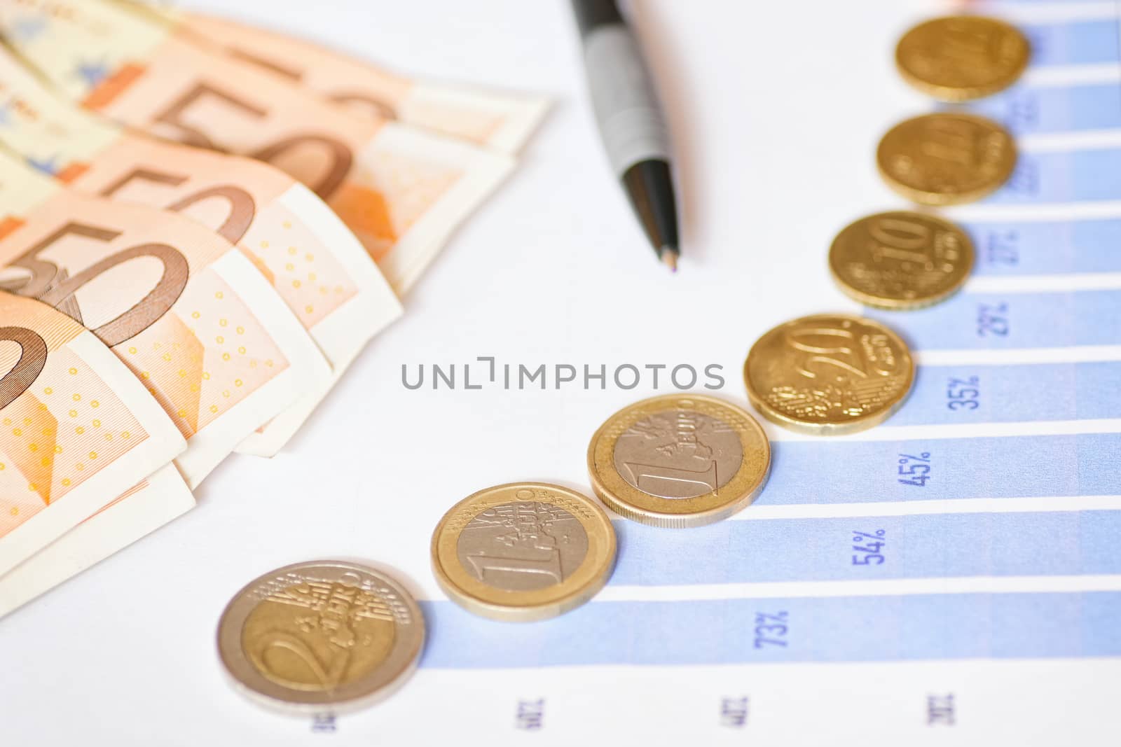 finance and statistics, euros, coins, graph, still life