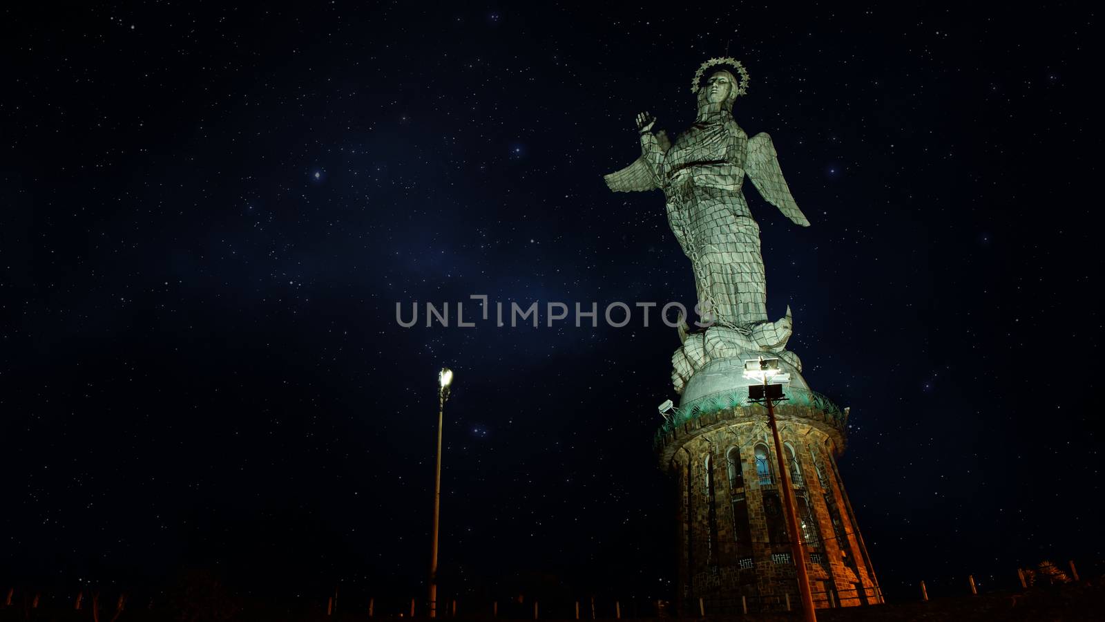 Quito, Pichincha / Ecuador, June 8 2016: Night view of Virgen de El Panecillo or Virgen de Legarda. It is located on the top of Panecillo hill near the historical center of the city of Quito. Ecuador