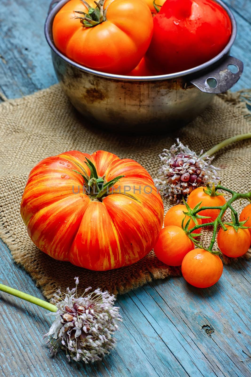 Small tomatoes on a branch and a large tomato on the kitchen table