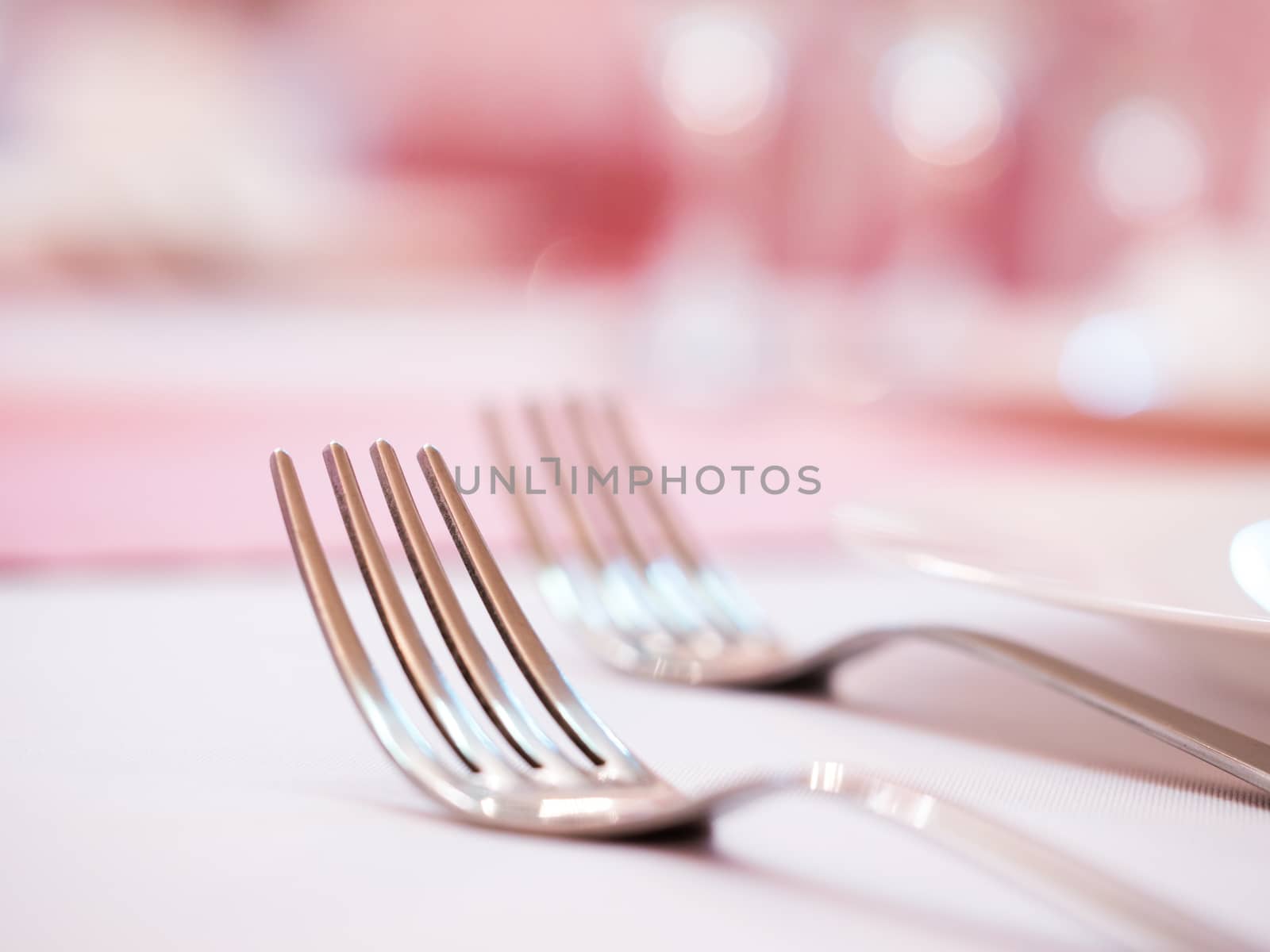 Two kitchen forks on dinner table. Selective focus. Shallow DOF