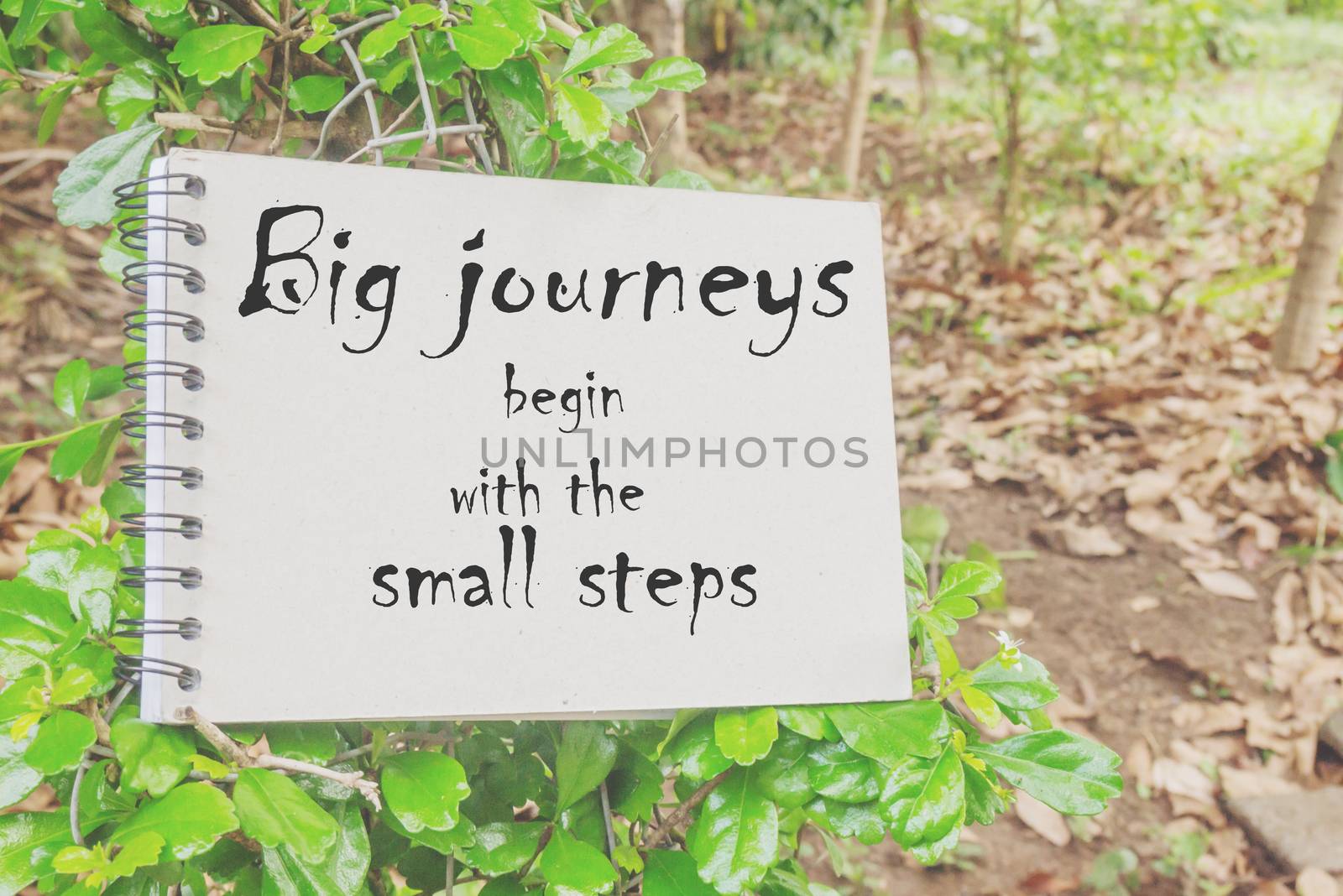 Word  Big journeys begin with the small steps.Inspirational motivational quote on paper in the tree background