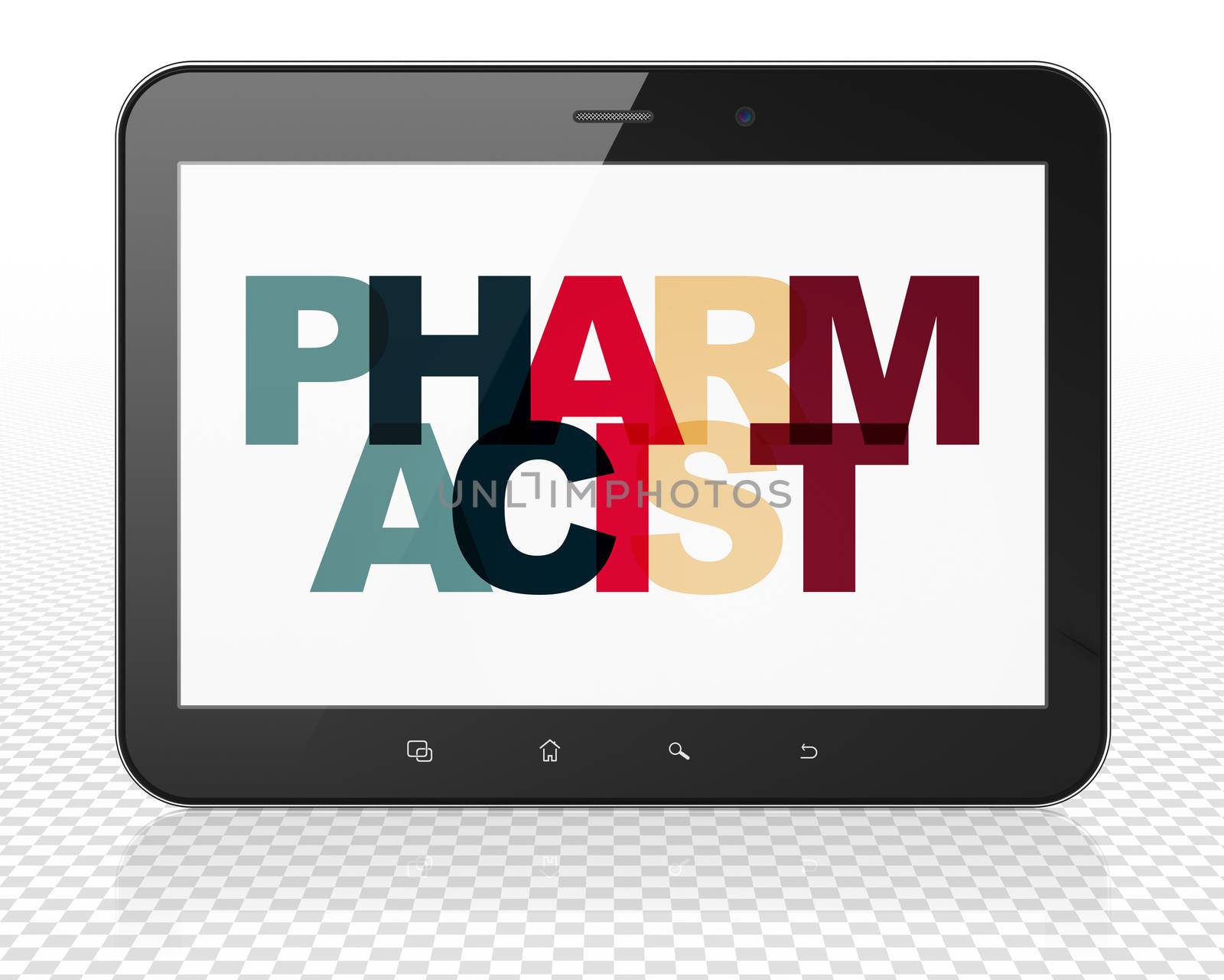 Medicine concept: Tablet Pc Computer with Painted multicolor text Pharmacist on display, 3D rendering