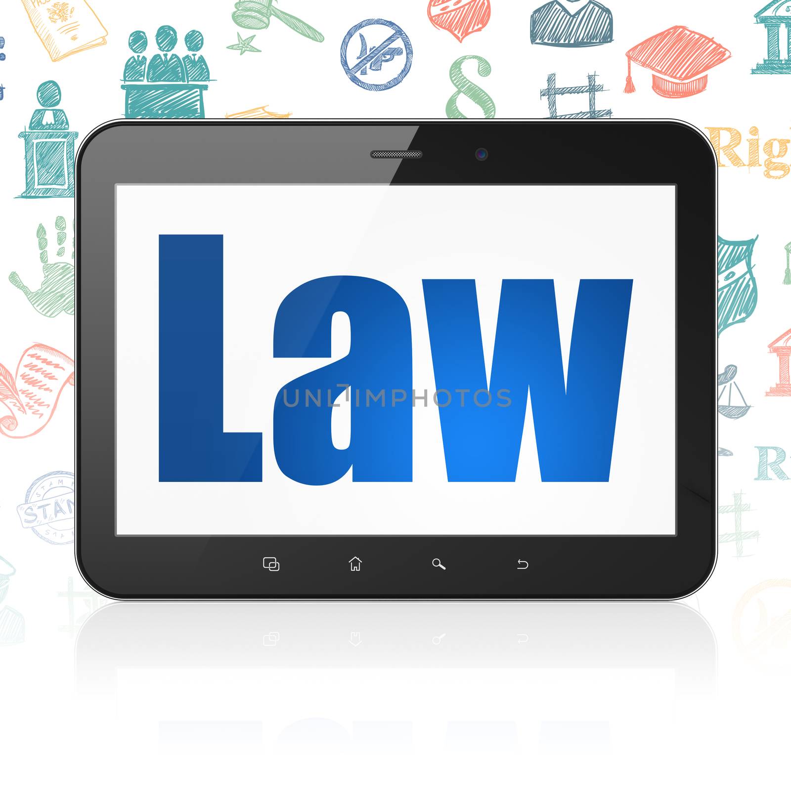 Law concept: Tablet Computer with  blue text Law on display,  Hand Drawn Law Icons background, 3D rendering