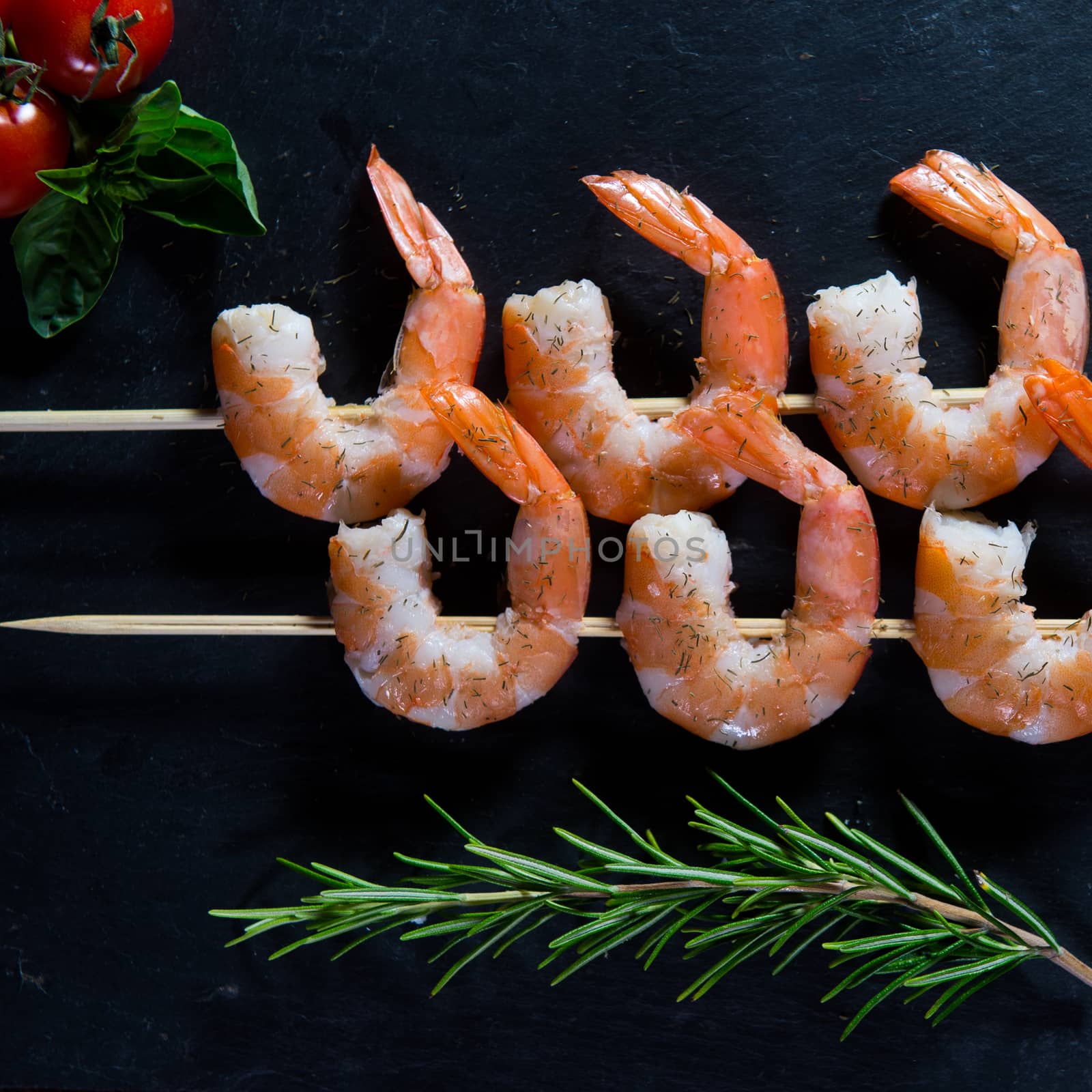Prawn skewers with thyme and Tomatoes, studio shoot