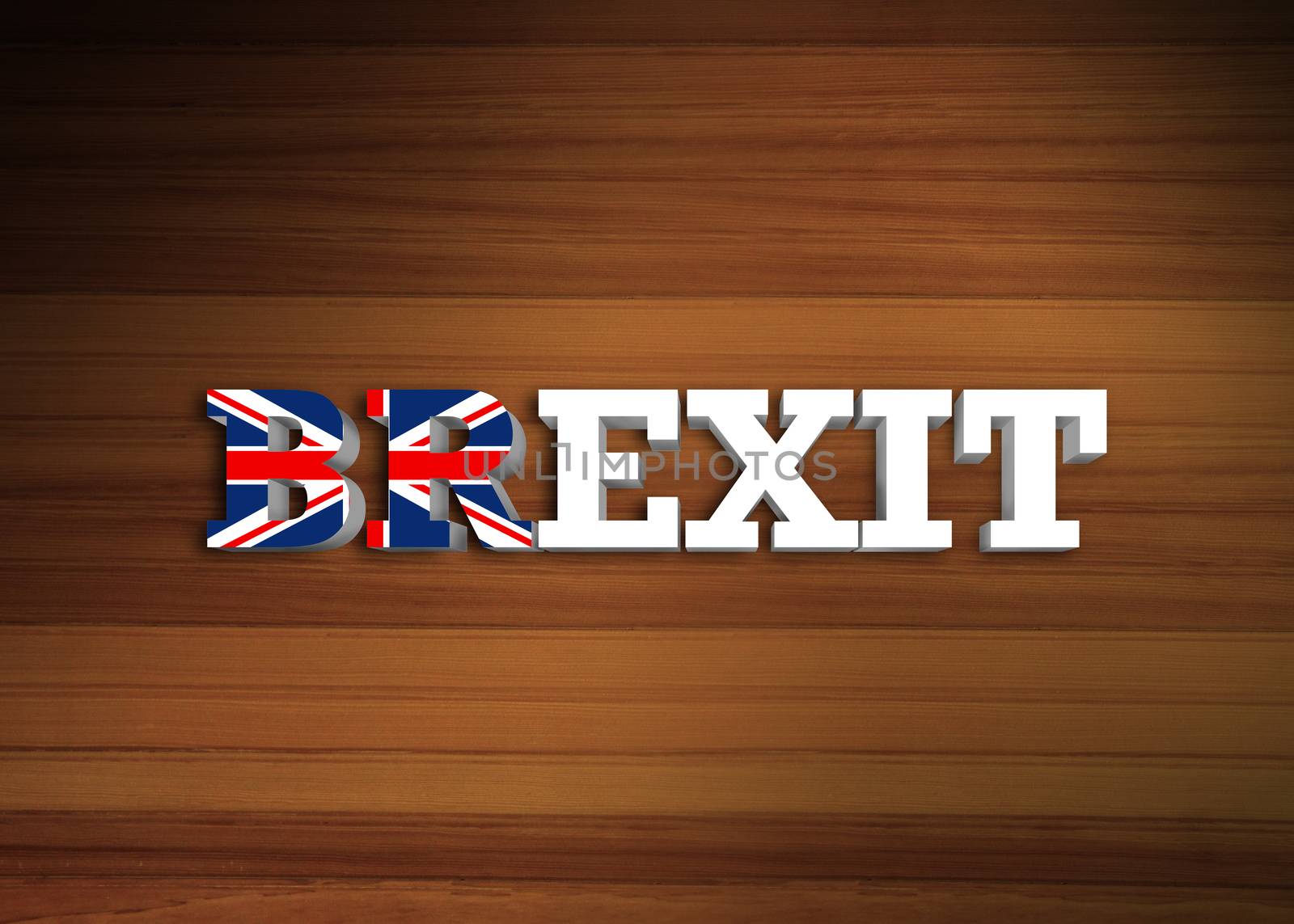 Brexit - Volume letters with the flag of United Kingdom on wooden background. Illustration