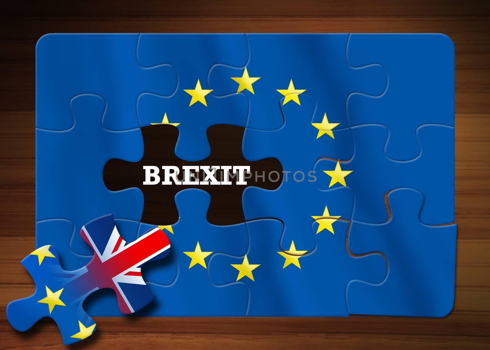 Brexit - Puzzle flag of the European Union on wooden background. Illustration