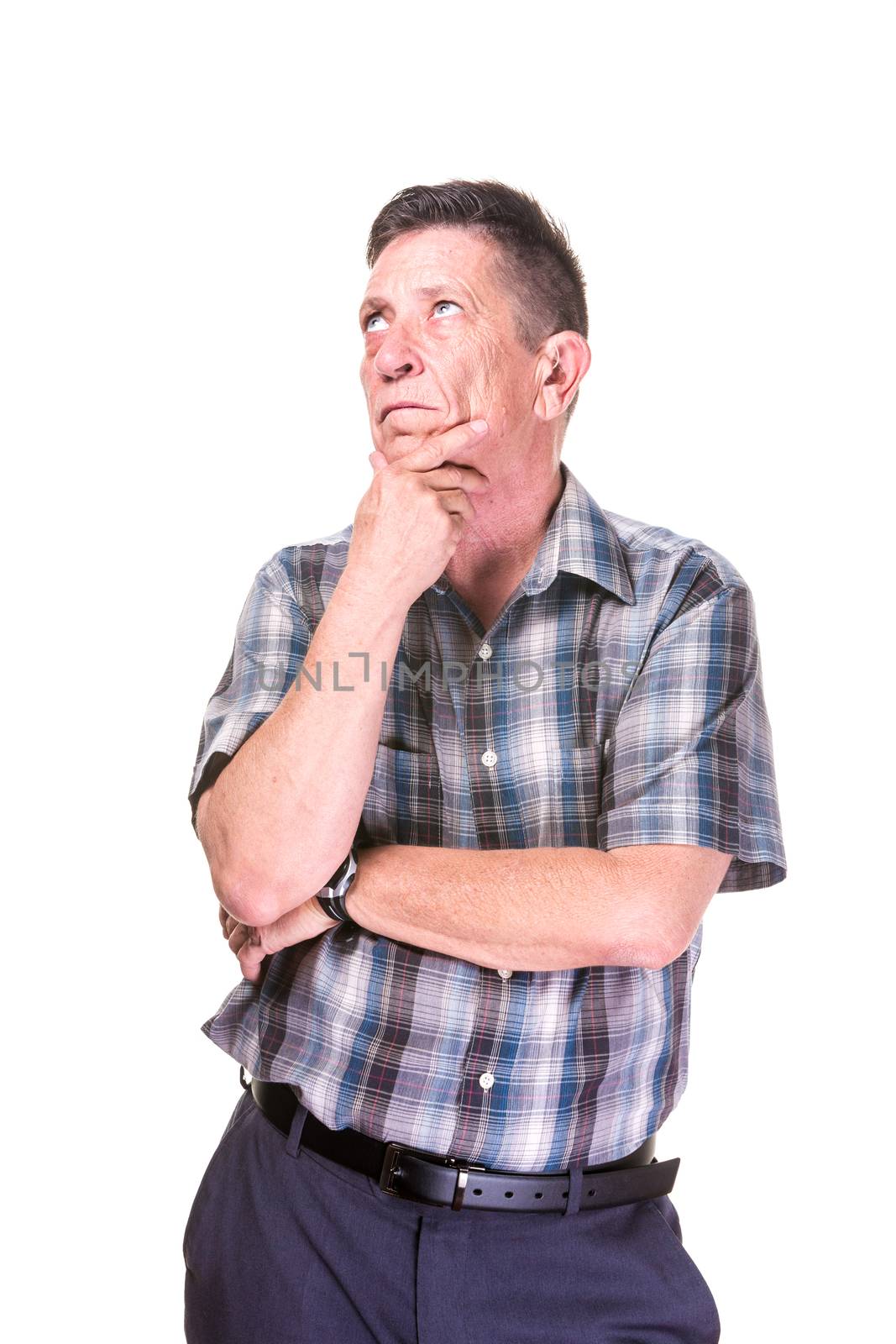 Thinking transgender man in plaid shirt on White Background