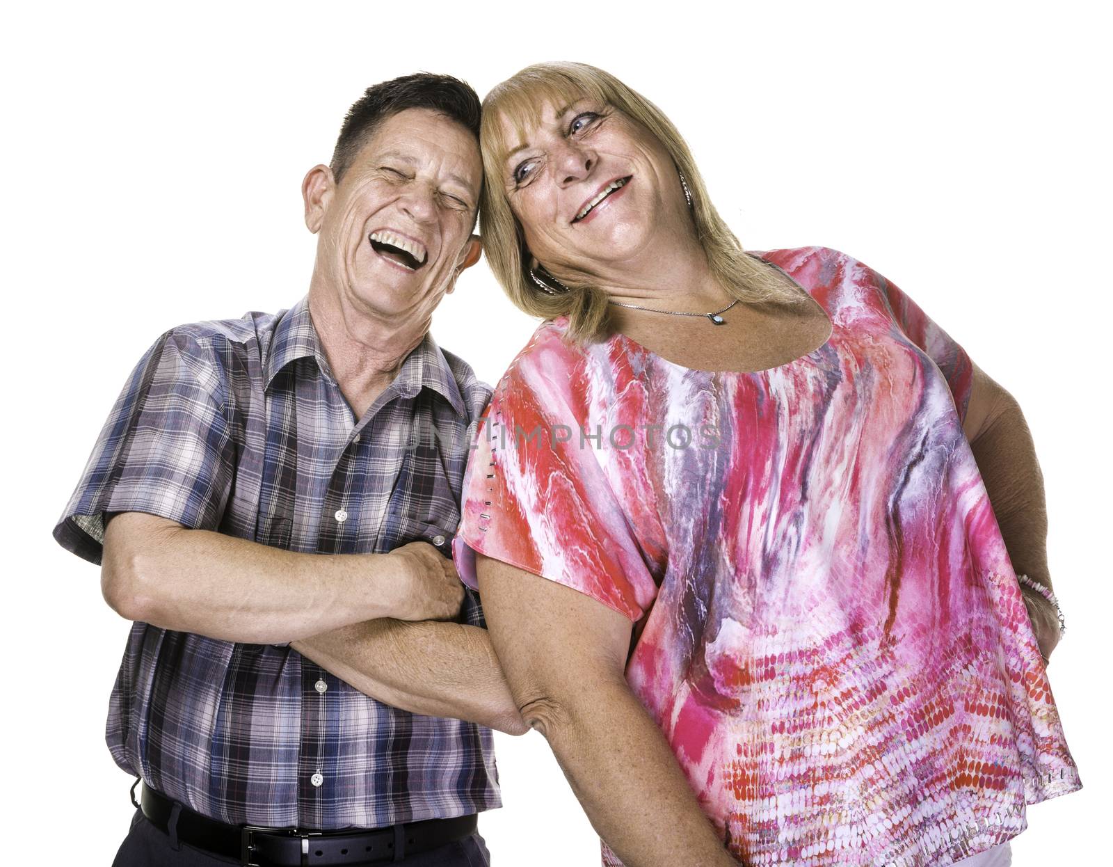 Laughing transgender man and woman isolated on white background