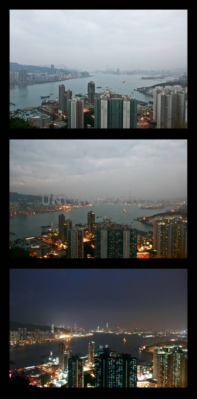 Three different period of sunset in Victoria Harbour, Hong Kong