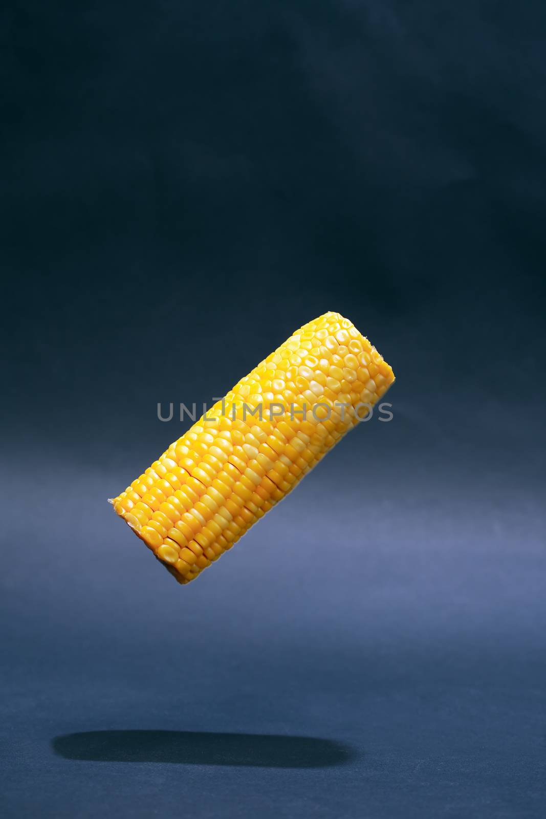 Cooking concept. Corn cob flying against nice dark background