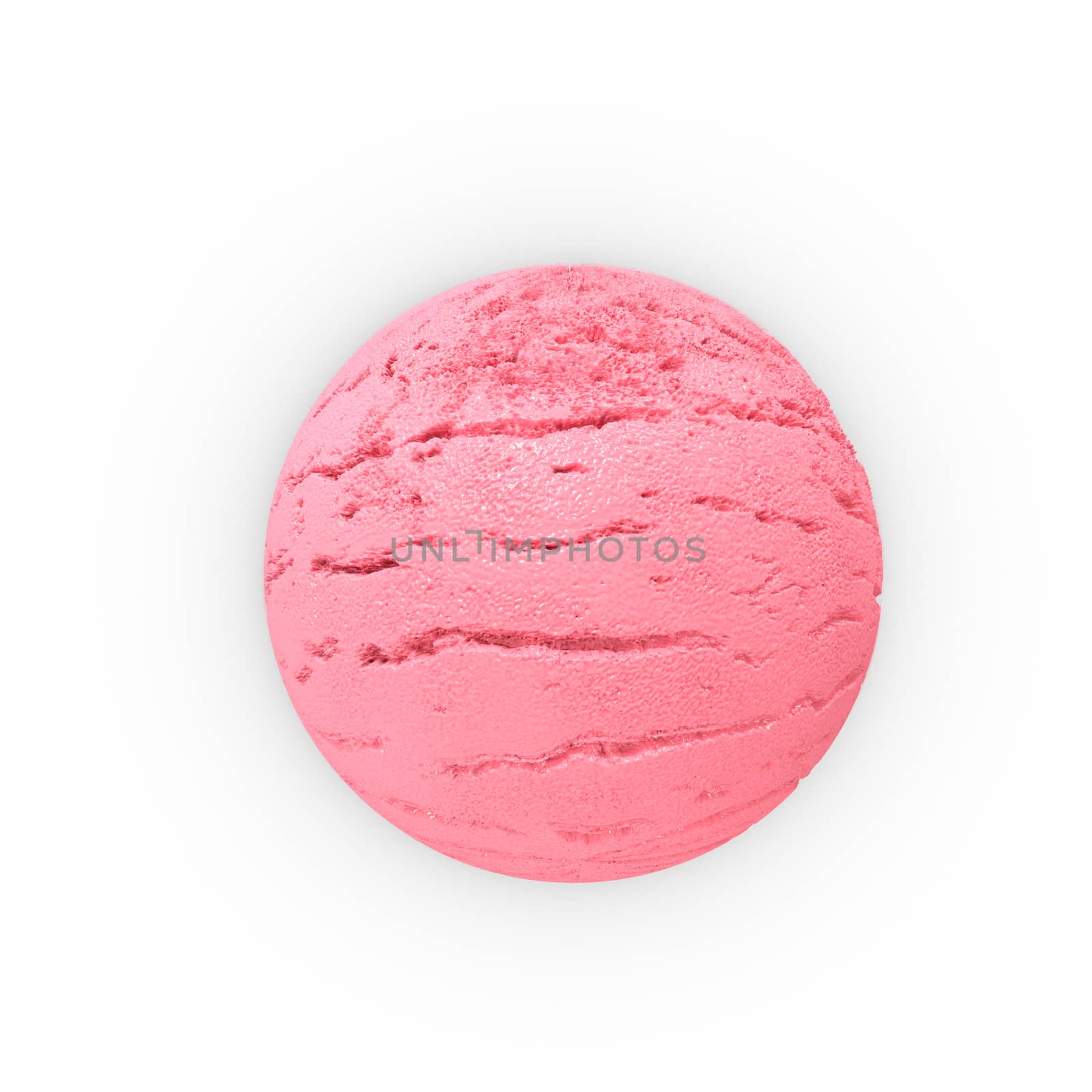 Scoop of strawberry ice ball. Extreme close-up view. 3D Rendering