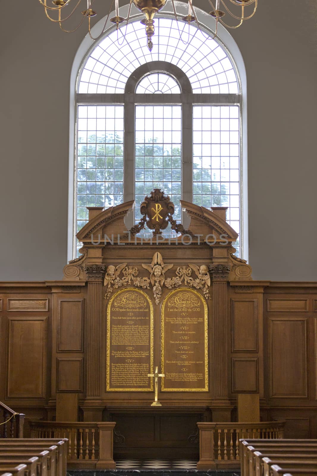 FULTON, MISSOURI – July 1, 2015: Altar of Church of St. Mary that houses America’s National Churchill Museum, on the campus of Westminster College, in Fulton, Missouri.  Church of St. Mary the Virgin Aldermanbury is a rebuilt Christopher Wren designed church moved, stone by stone from London.  