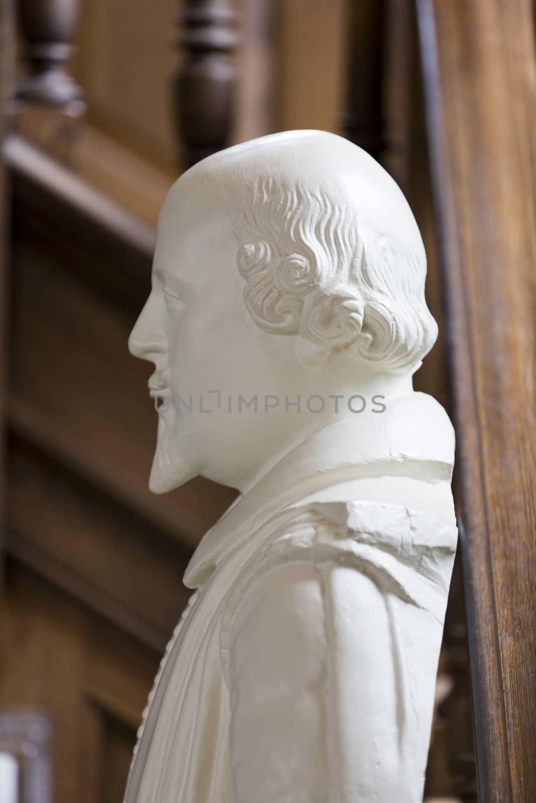 FULTON, MISSOURI – July 1, 2015: Bust of Shakespeare in Church of St. Mary that houses America’s National Churchill Museum, on the campus of Westminster College, in Fulton, Missouri.  