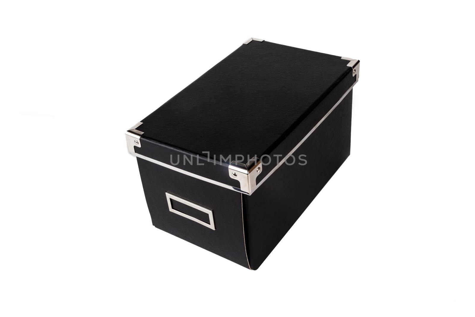 Close up view of black cardboard box isolated on white background.