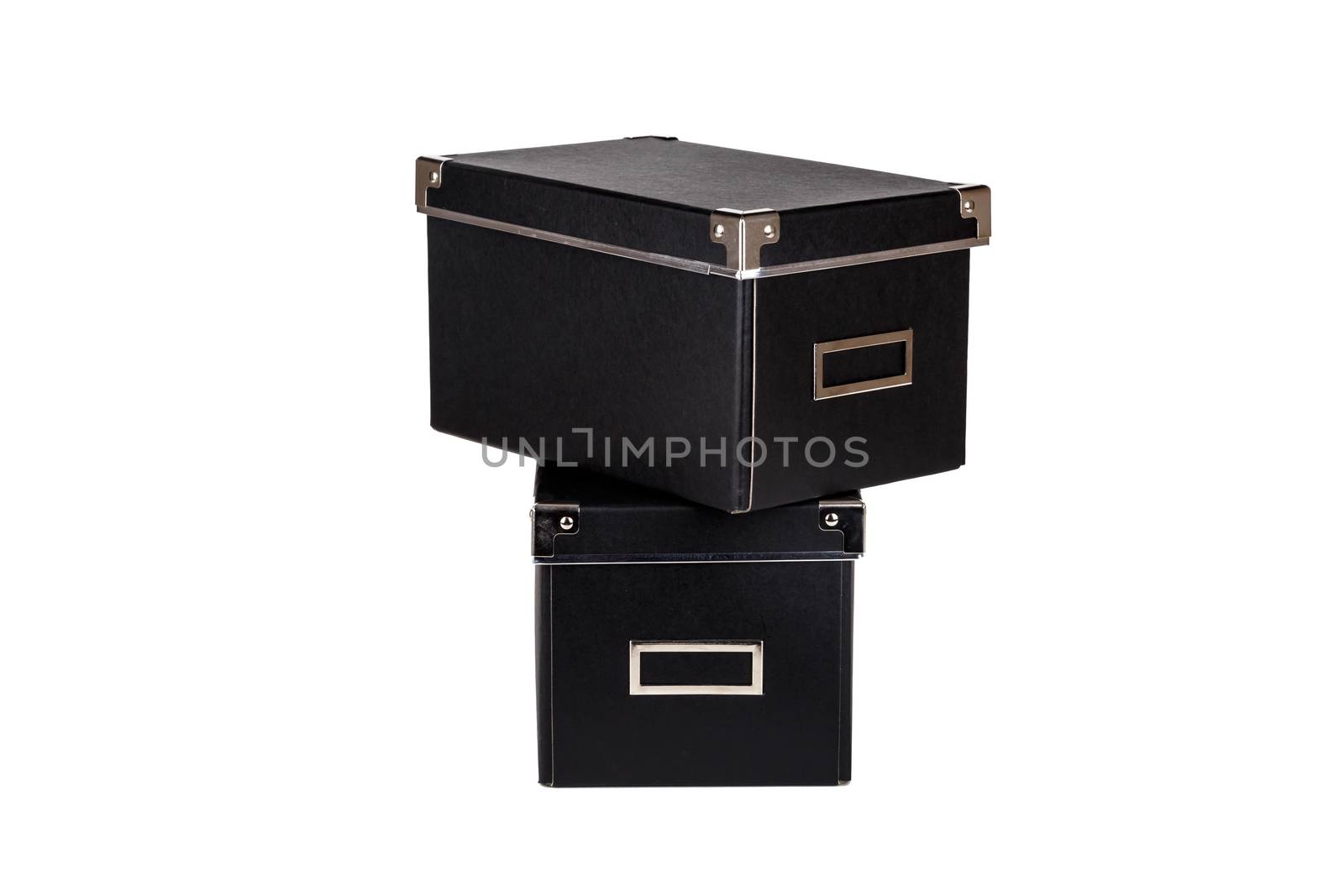 Close up view of two black cardboard box isolated on white background.