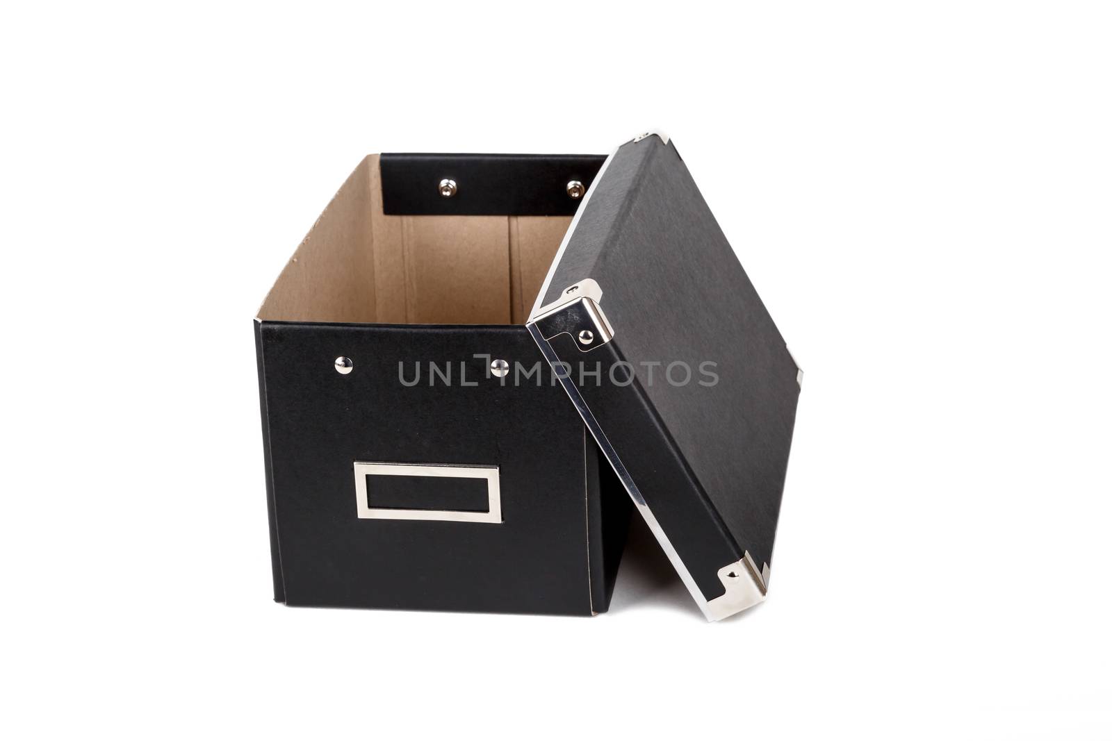 Close up view of black open cardboard box isolated on white background.