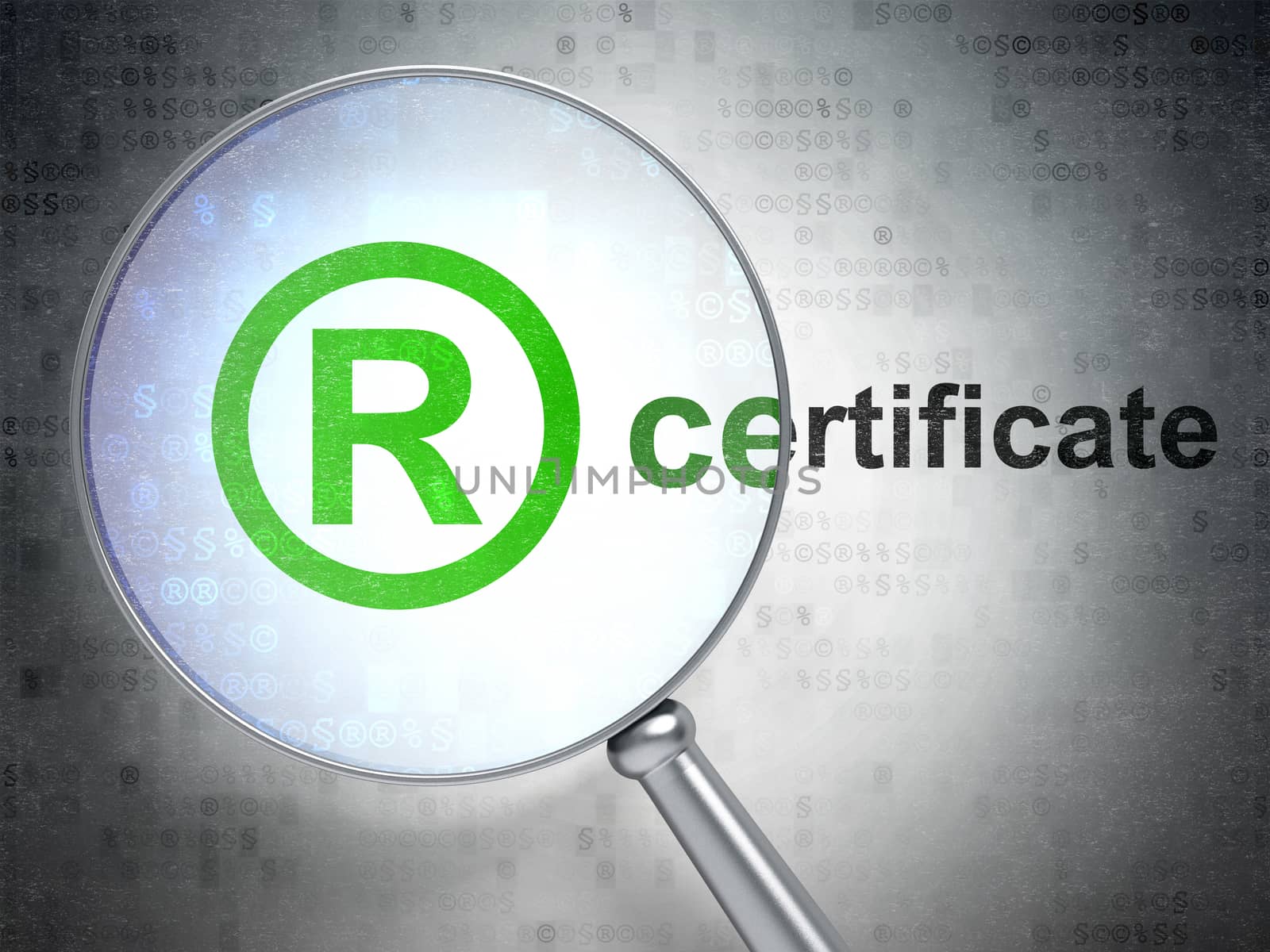 Law concept: magnifying optical glass with Registered icon and Certificate word on digital background, 3D rendering