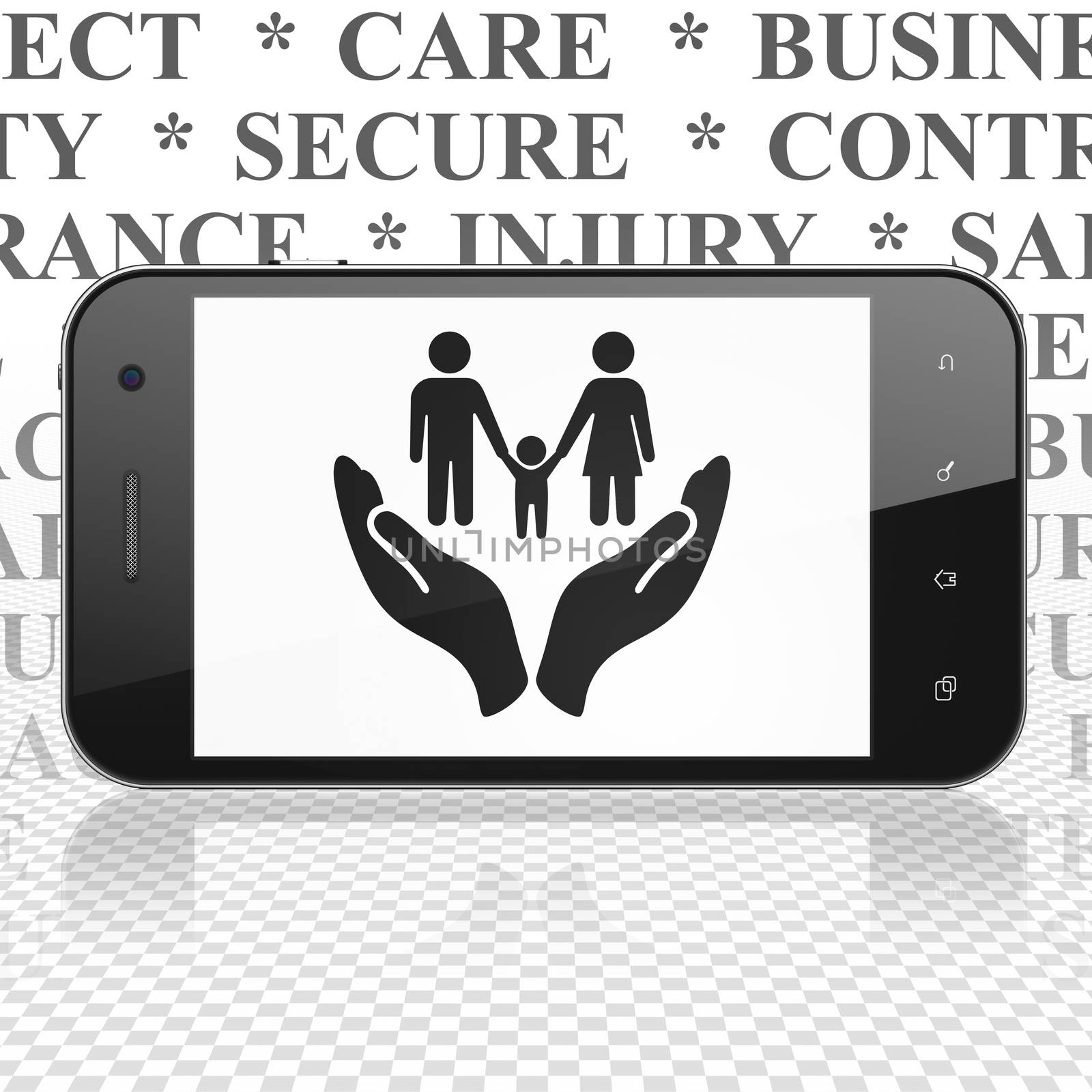Insurance concept: Smartphone with  black Family And Palm icon on display,  Tag Cloud background, 3D rendering