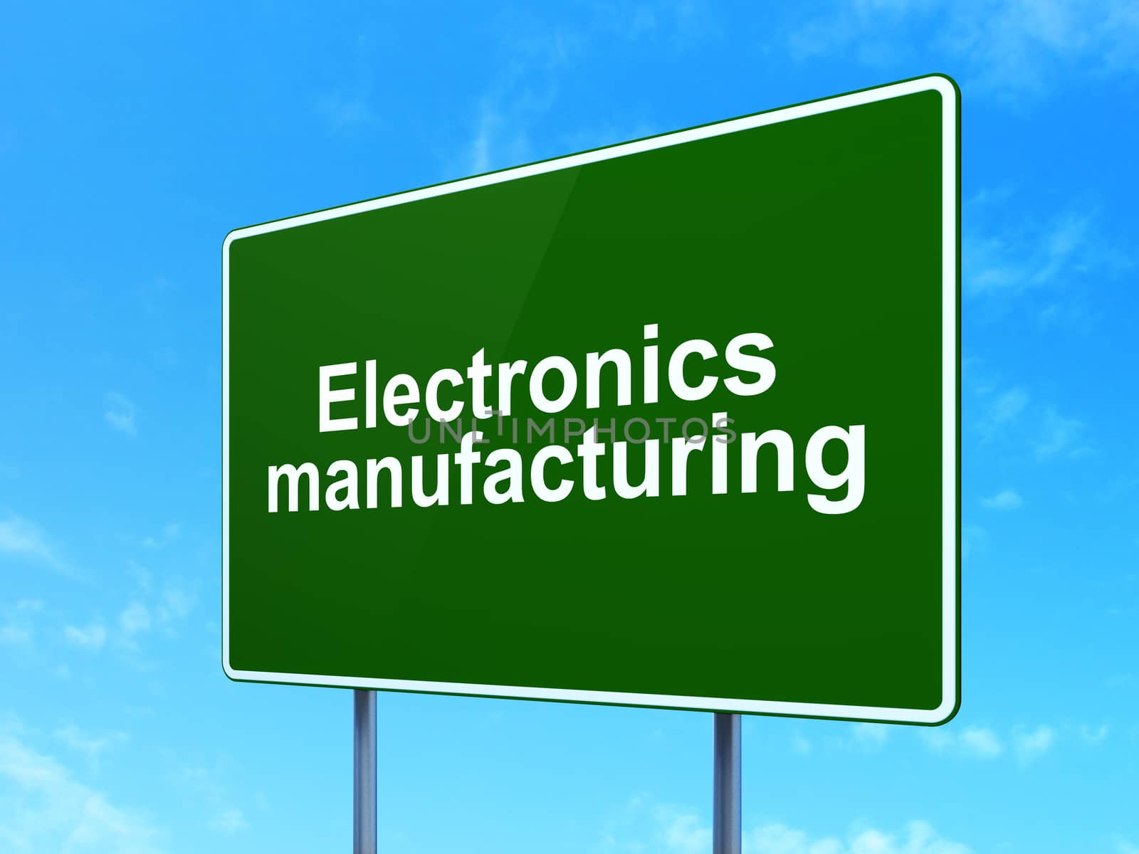 Industry concept: Electronics Manufacturing on green road highway sign, clear blue sky background, 3D rendering