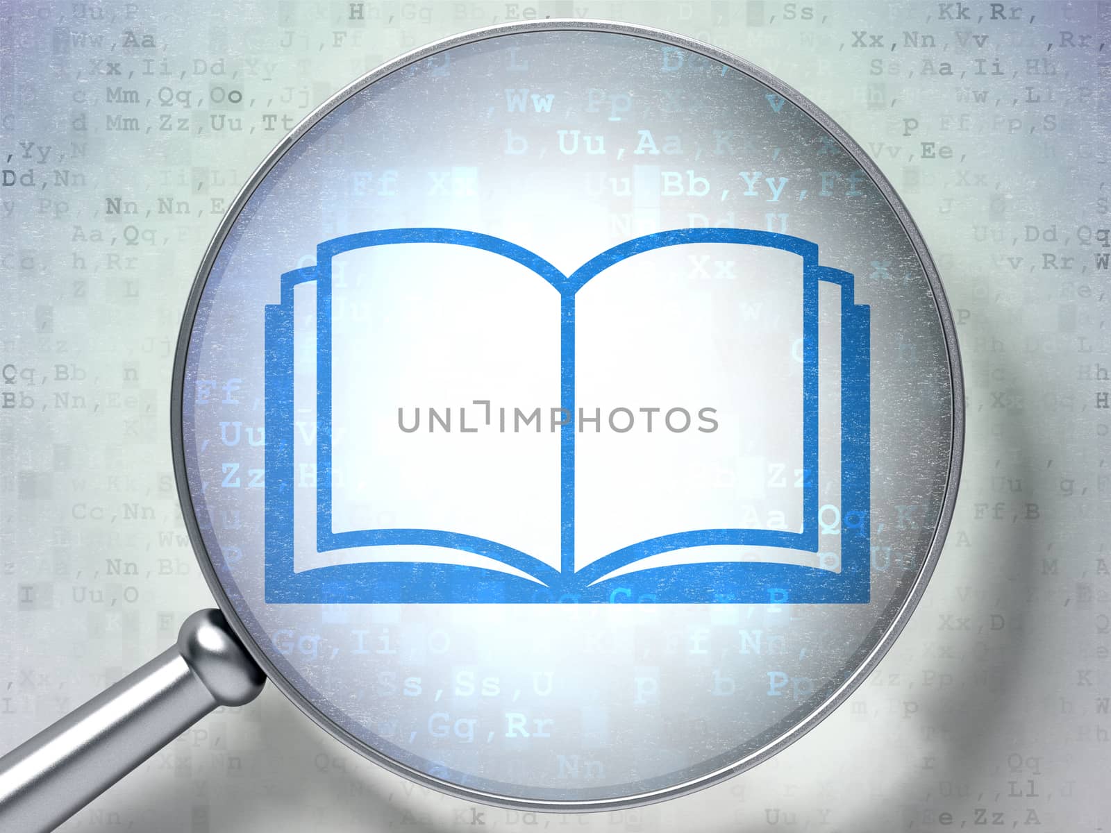 Learning concept: magnifying optical glass with Book icon on digital background, 3D rendering