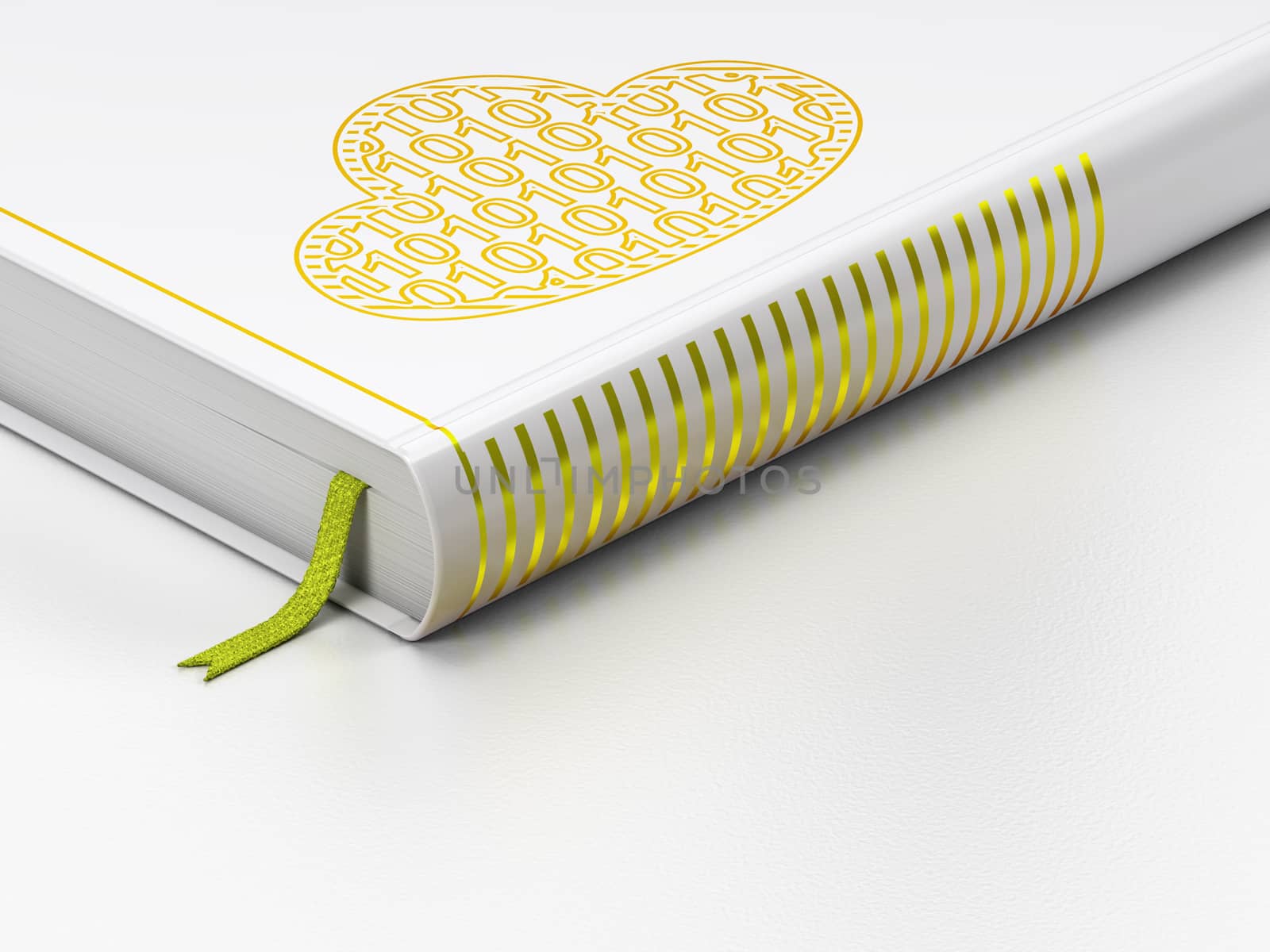 Cloud networking concept: closed book with Gold Cloud With Code icon on floor, white background, 3D rendering