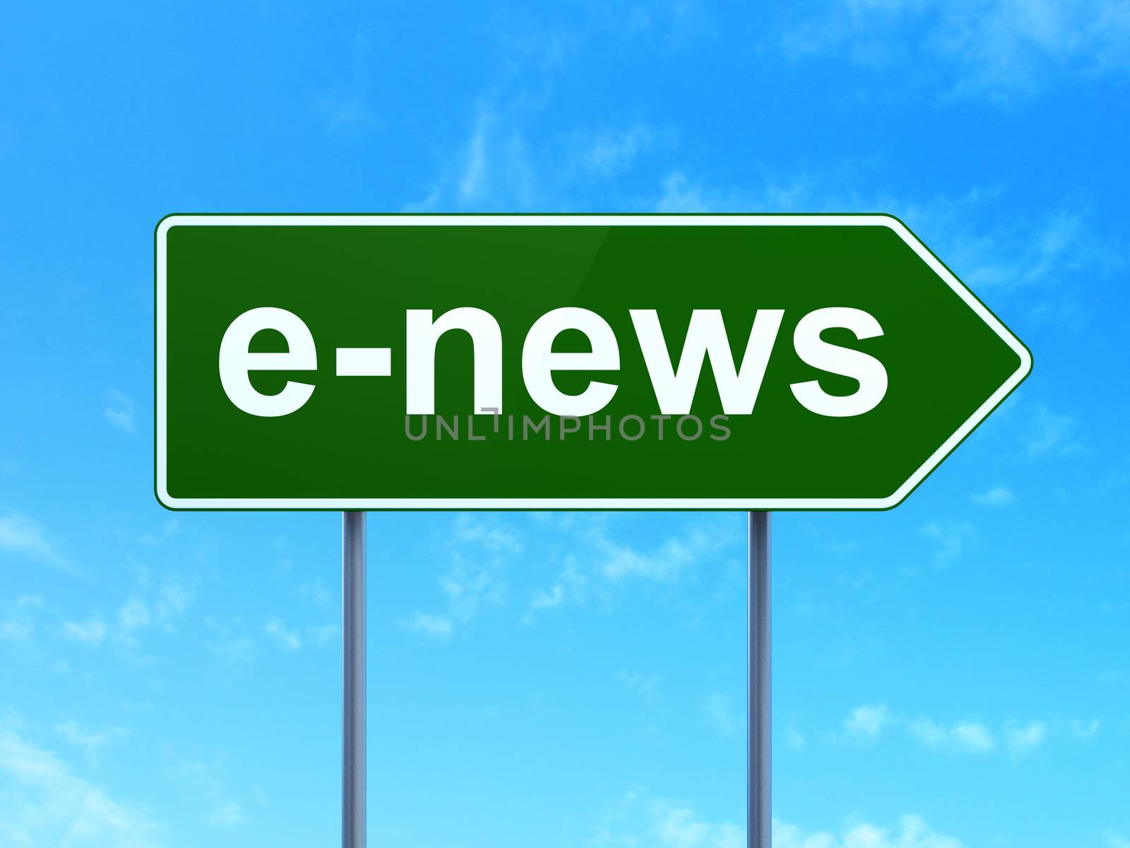 News concept: E-news on green road highway sign, clear blue sky background, 3D rendering