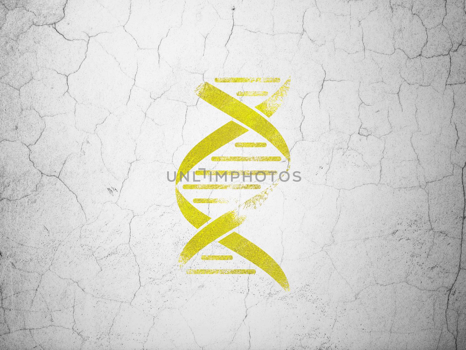 Science concept: Yellow DNA on textured concrete wall background