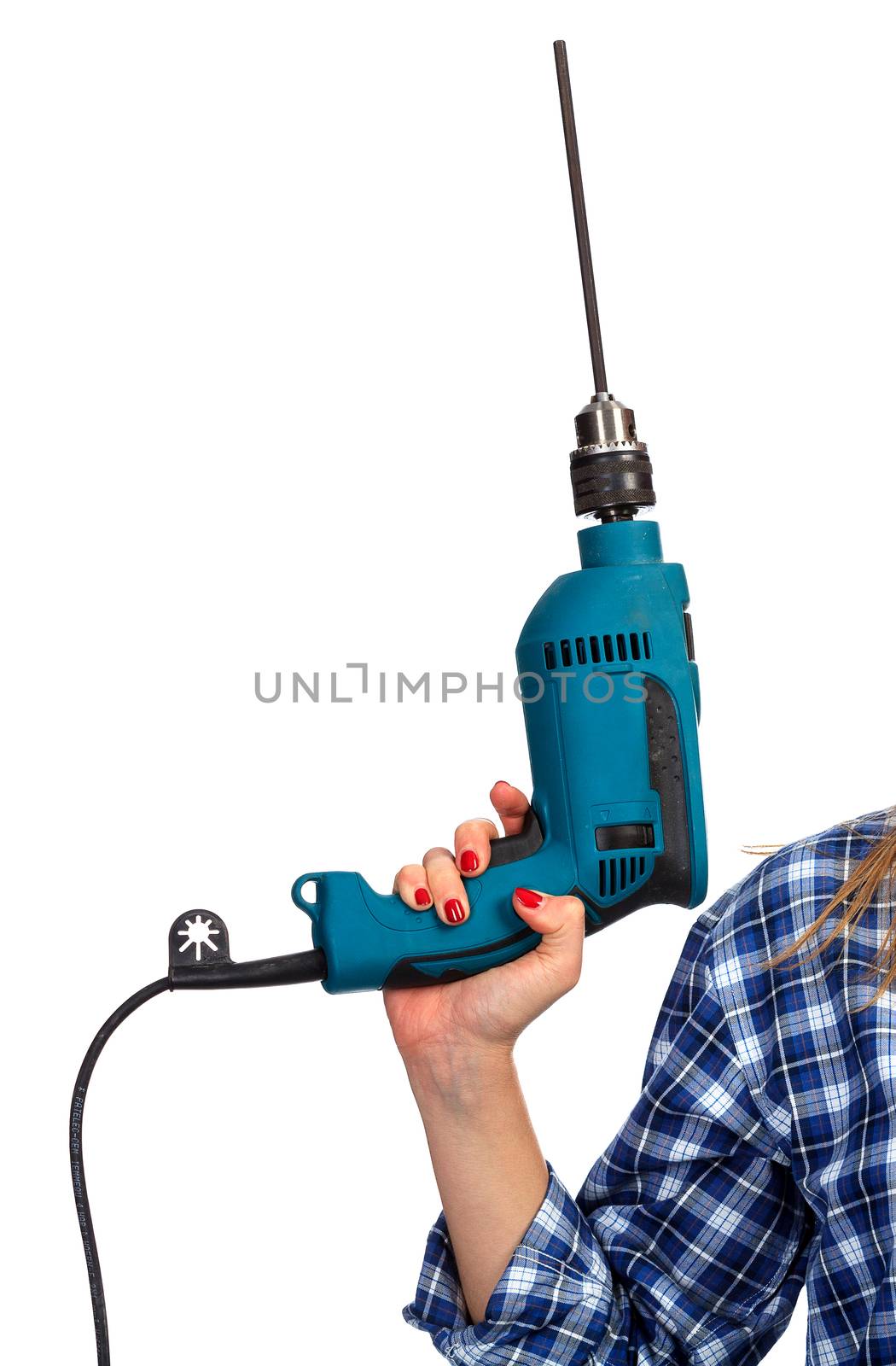 Woman holds a drill, isolated on a white background by Nobilior