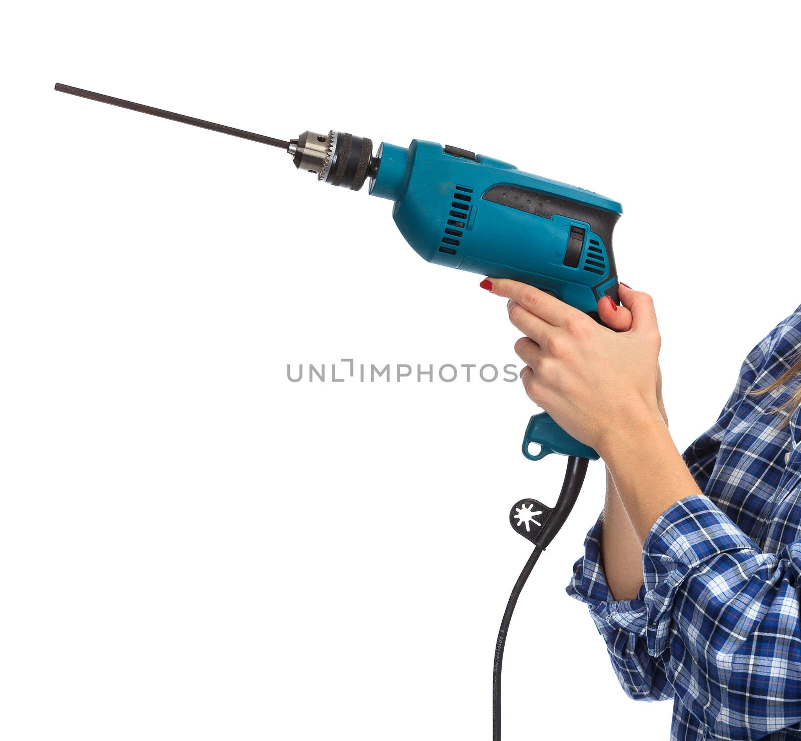 Woman holds a drill, isolated on a white background
