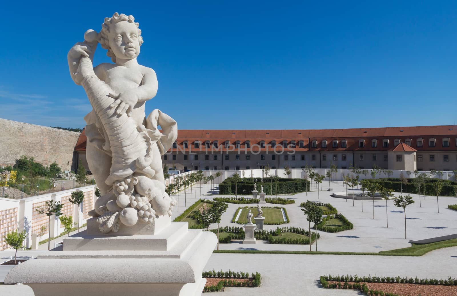 Detail of the architecture, statue of an angel, in the new opened baroque garden at Bratislava castle in Slovakia.