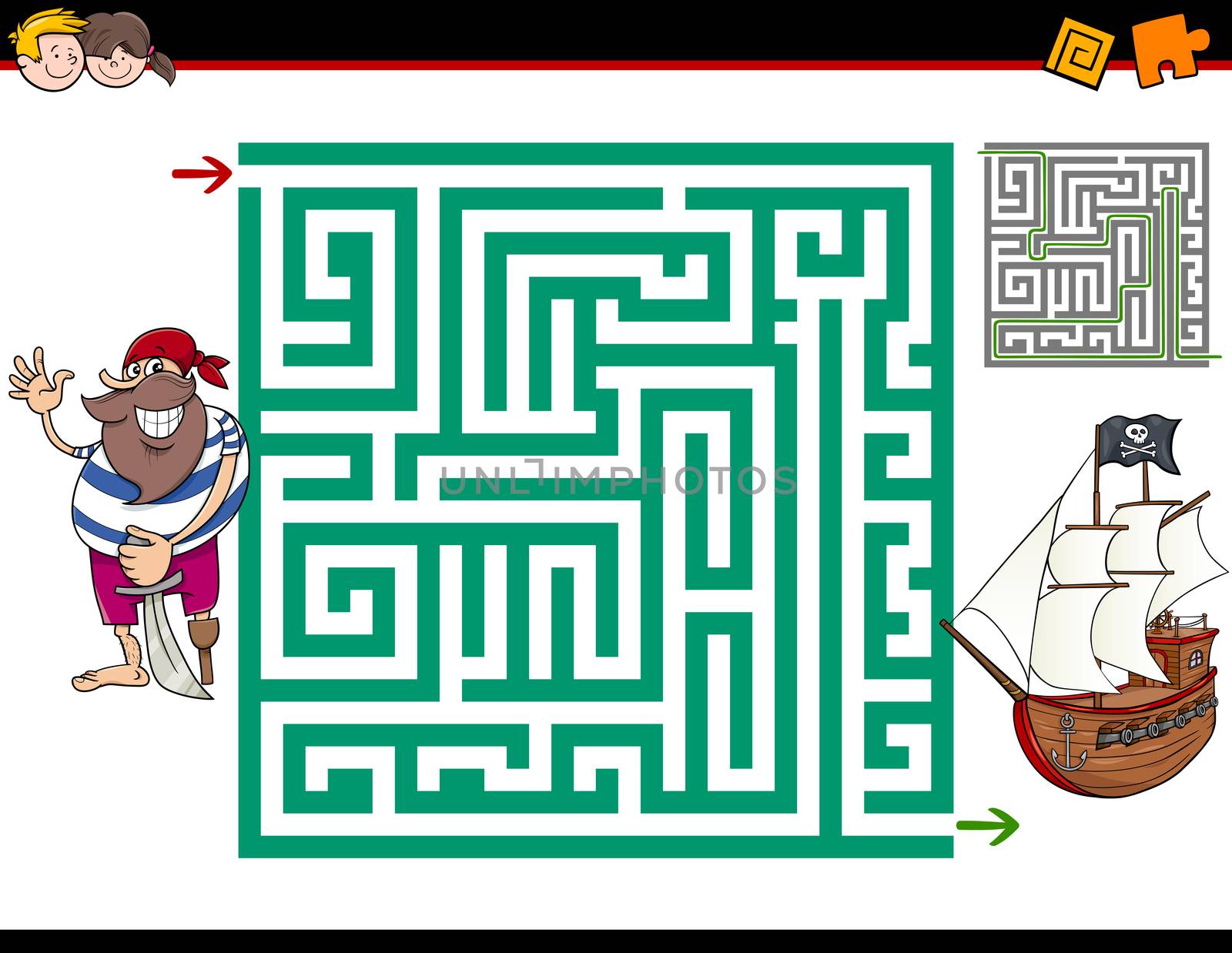 Cartoon Illustration of Education Maze or Labyrinth Activity Task for Children with Pirate and Ship