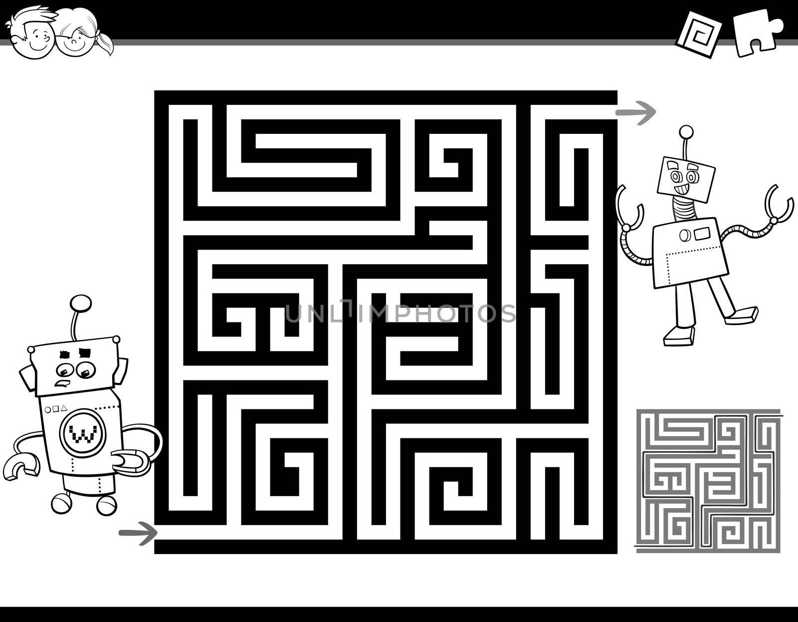 Black and White Cartoon Illustration of Education Maze or Labyrinth Activity Task for Children with Funny Robots for Coloring