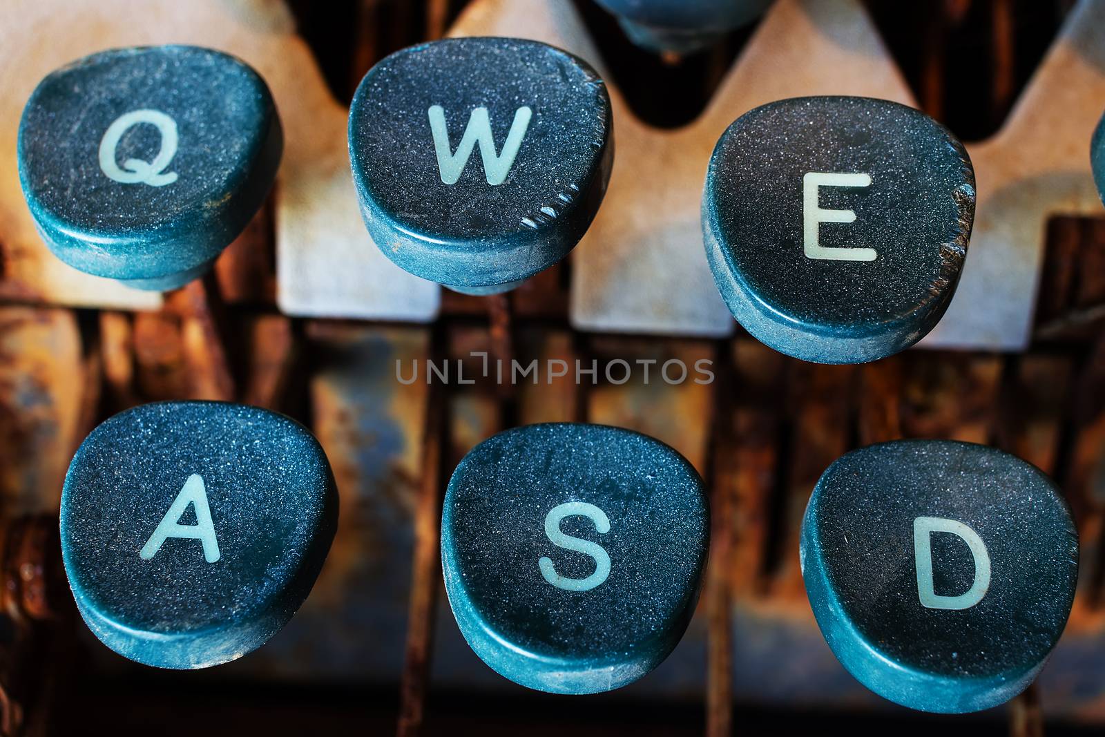 Typewriter Keys Close Up. Keyboard Detail of a Vintage Rusty Typewriter. Typewriter Buttons. Selective Focus and Shallow Depth of Field.