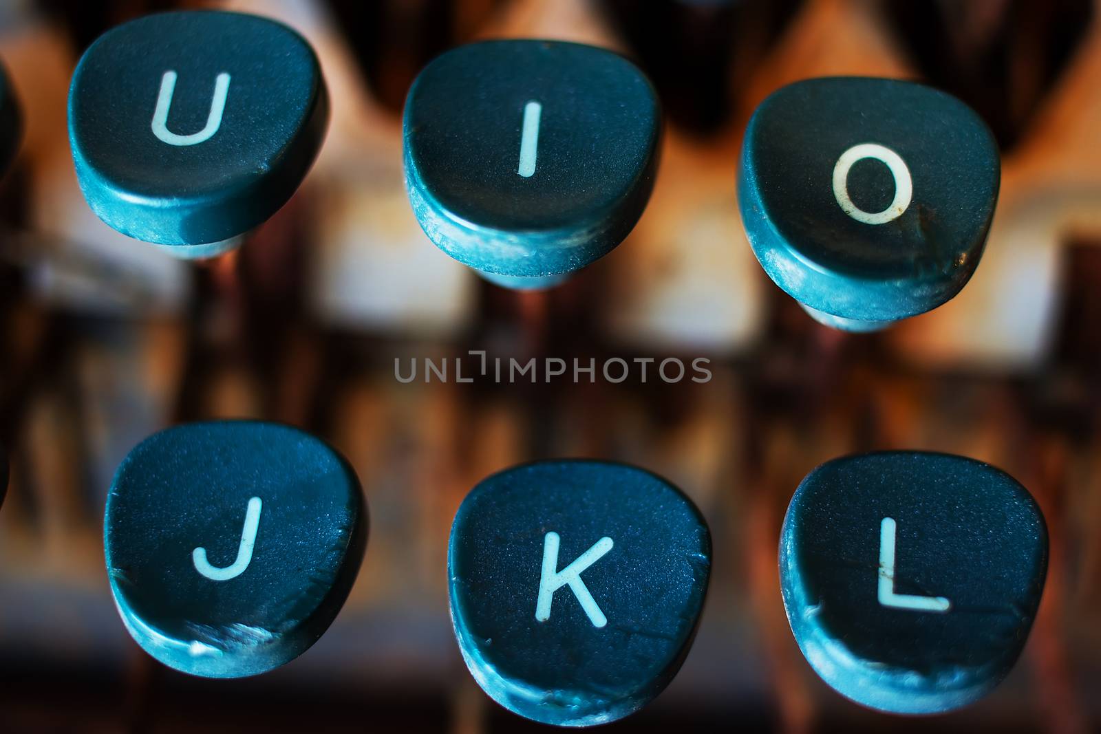 Typewriter Keys Close Up. Keyboard Detail of a Vintage Rusty Typewriter. Typewriter Buttons. Selective Focus and Shallow Depth of Field.